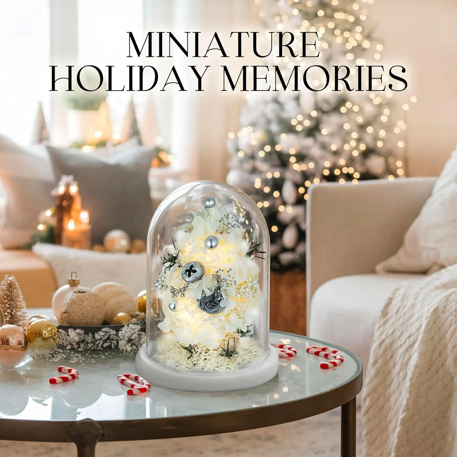 Mini Christmas Tree Preserved Flower in Glass Dome w/Light - Flowers Forever Christmas Table Decor, Long Lasting Eternal Flowers - Comes w/Thick Gift Box & Bow, Unique Gift - White