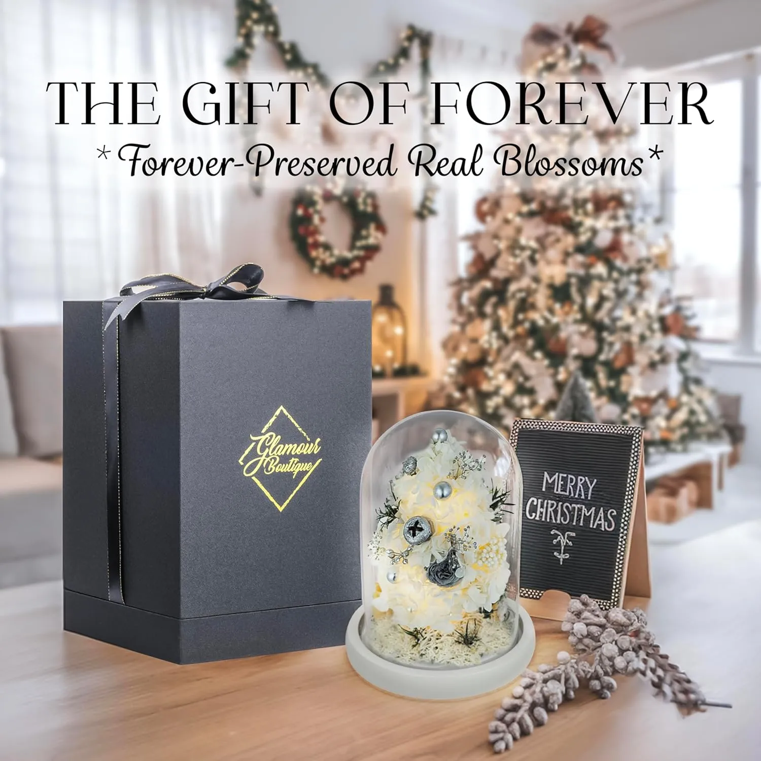 Mini Christmas Tree Preserved Flower in Glass Dome w/Light - Flowers Forever Christmas Table Decor, Long Lasting Eternal Flowers - Comes w/Thick Gift Box & Bow, Unique Gift - White