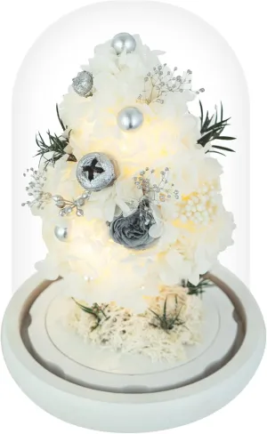 Mini Christmas Tree Preserved Flower in Glass Dome w/Light - Flowers Forever Christmas Table Decor, Long Lasting Eternal Flowers - Comes w/Thick Gift Box & Bow, Unique Gift - White