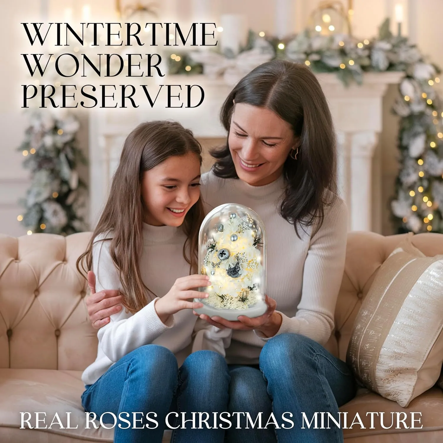 Mini Christmas Tree Preserved Flower in Glass Dome w/Light - Flowers Forever Christmas Table Decor, Long Lasting Eternal Flowers - Comes w/Thick Gift Box & Bow, Unique Gift - White