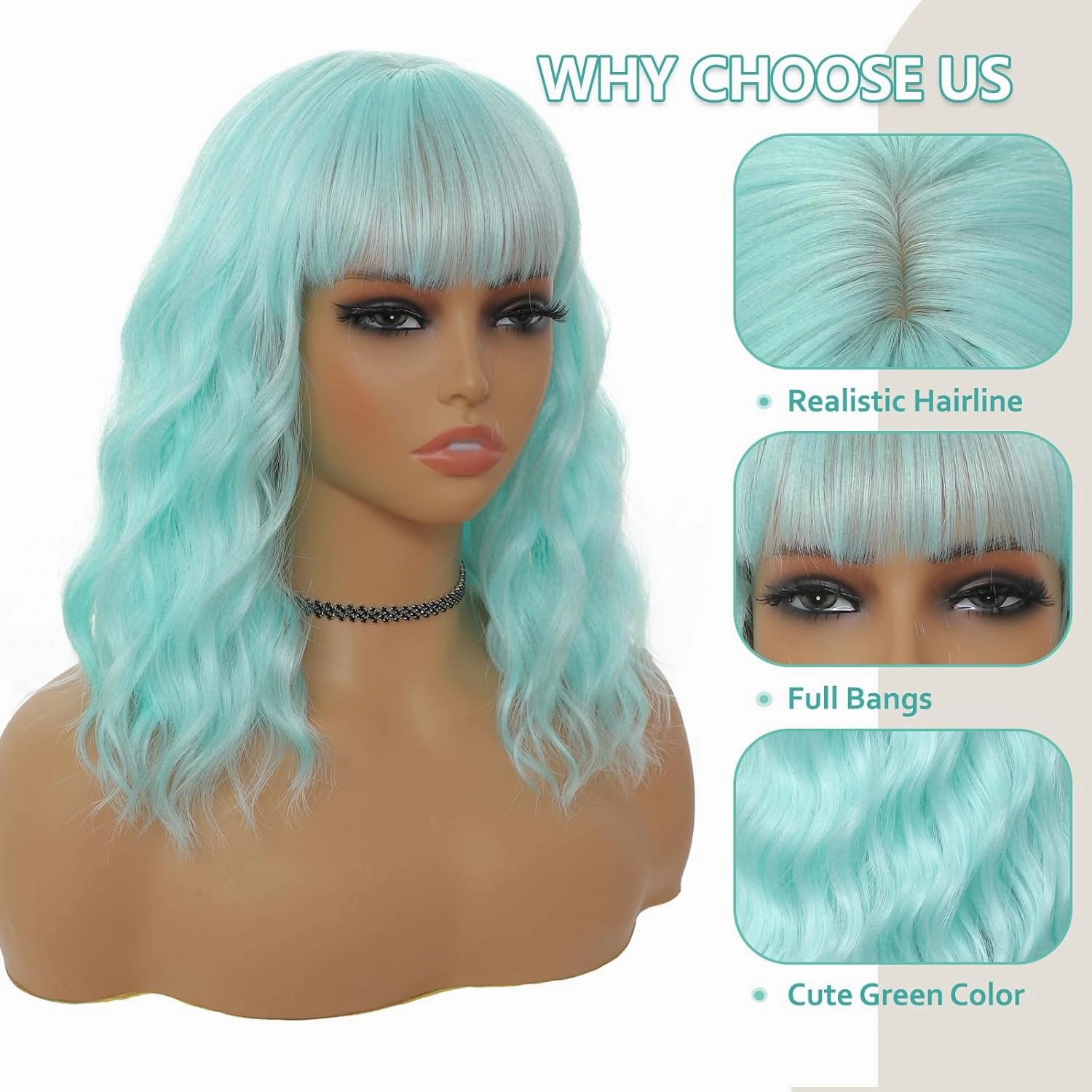 Mint Green Wig with Bangs for Women 14 Inch Shoulder Length Green Wigs Short Bob Wavy Curly Wig Heat Resistant Synthetic Colorful Wig