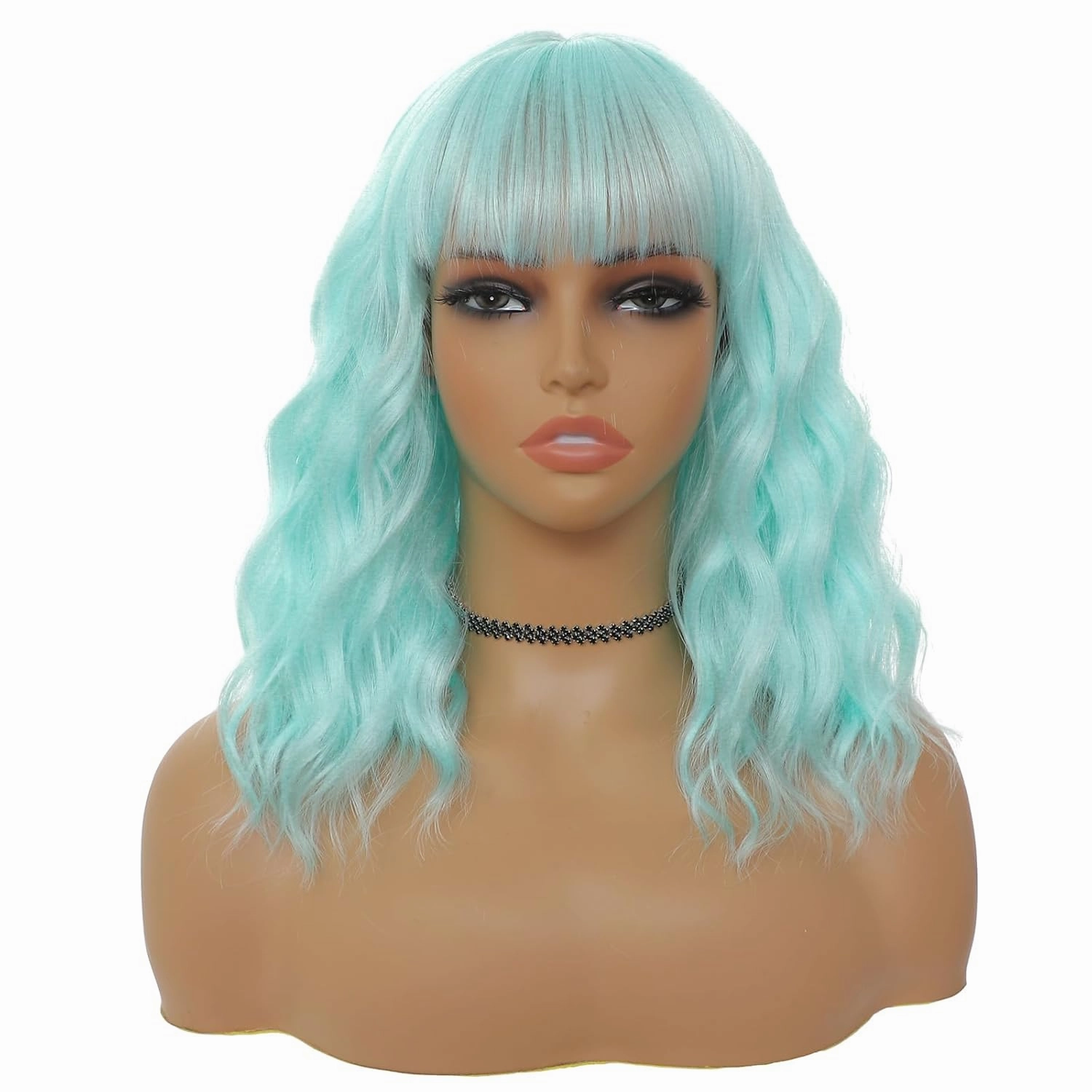 Mint Green Wig with Bangs for Women 14 Inch Shoulder Length Green Wigs Short Bob Wavy Curly Wig Heat Resistant Synthetic Colorful Wig