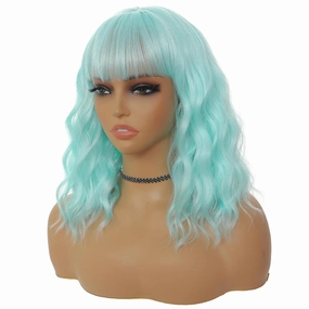 Mint Green Wig with Bangs for Women 14 Inch Shoulder Length Green Wigs Short Bob Wavy Curly Wig Heat Resistant Synthetic Colorful Wig