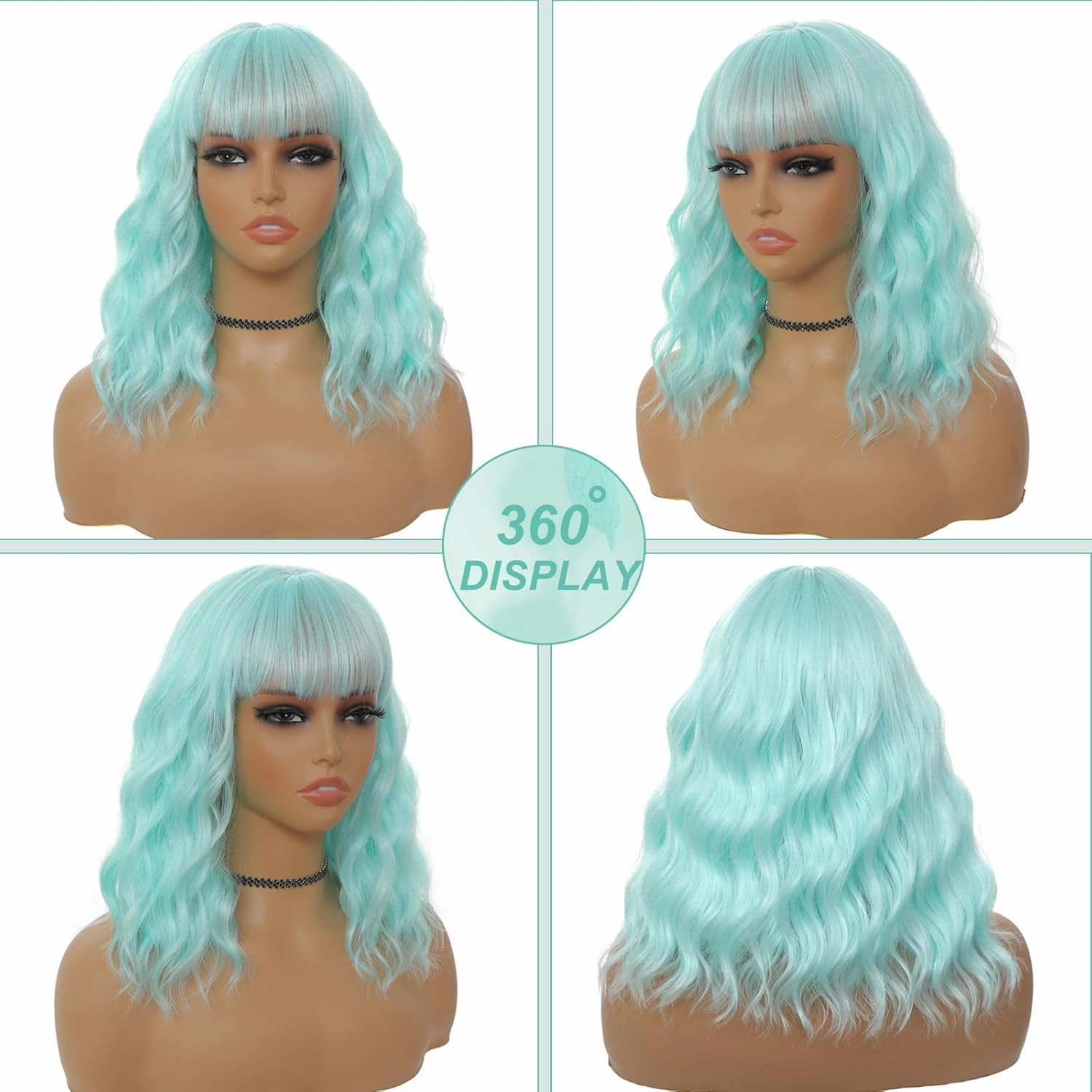 Mint Green Wig with Bangs for Women 14 Inch Shoulder Length Green Wigs Short Bob Wavy Curly Wig Heat Resistant Synthetic Colorful Wig