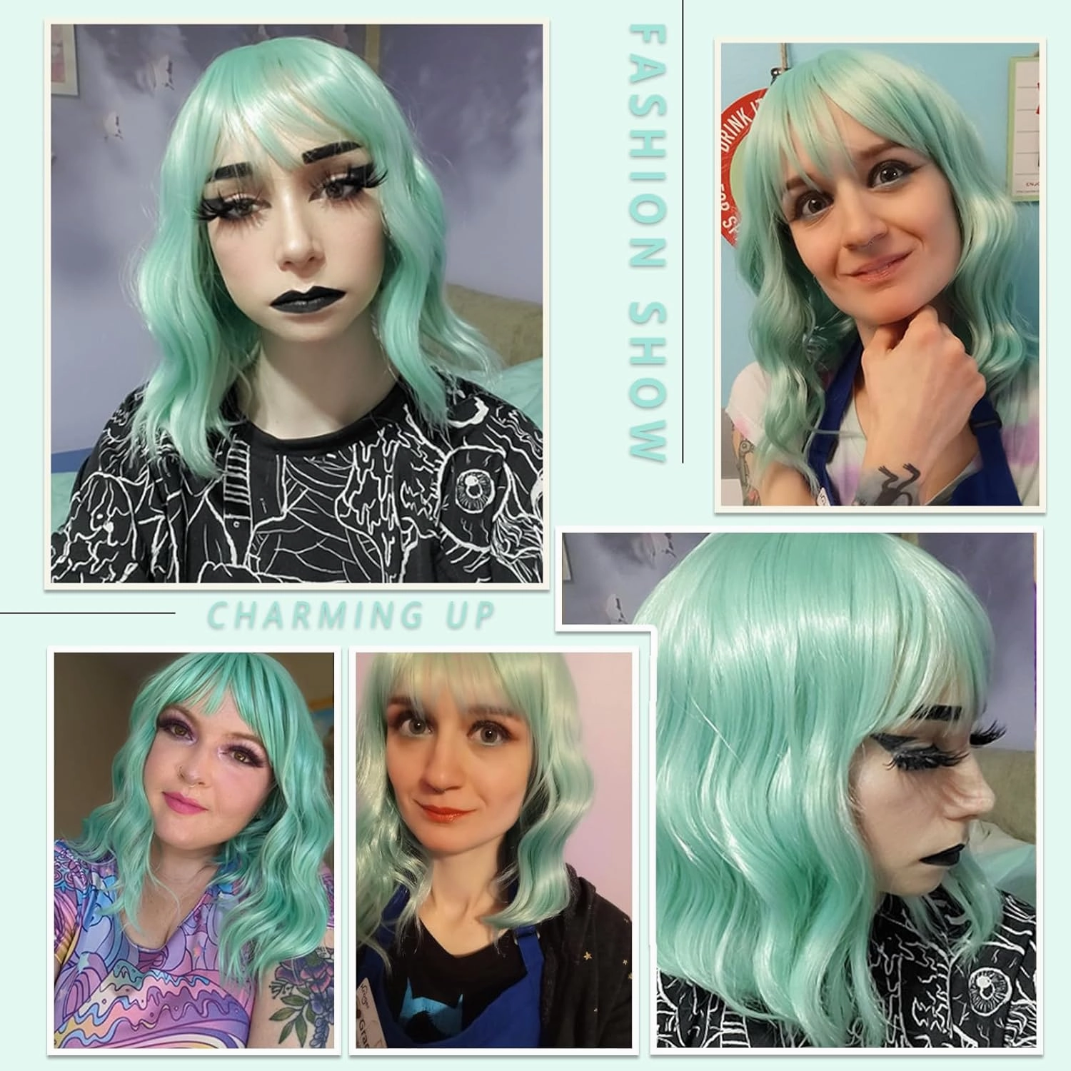 Mint Green Wig with Bangs for Women 14 Inch Shoulder Length Green Wigs Short Bob Wavy Curly Wig Heat Resistant Synthetic Colorful Wig