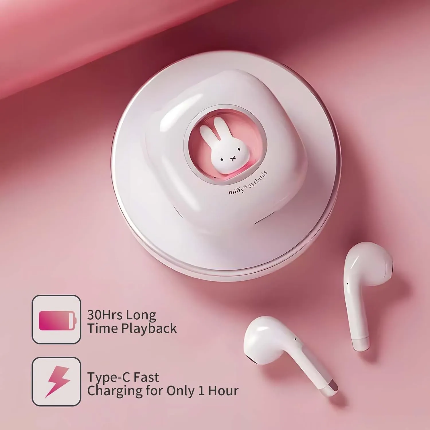 MIPOW x Miffy 2025 New Model BT5.3 Wireless Earbuds | Bunny Design IPX7 | 36H Playtime w/Case | AI ENC Noise Canceling | Sport/Work Earphones (Pastel Pink)