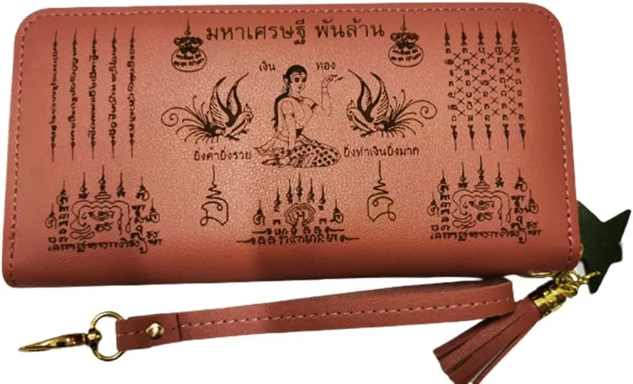MiracleTH6395 Amulet Wallet Pink Talisman Nang Kwak Goddess Purse Yant 5 Row Magic Charm Thai Fortune Luck Rich Money Business Trade Lucky Blessed by LP Yang Dam