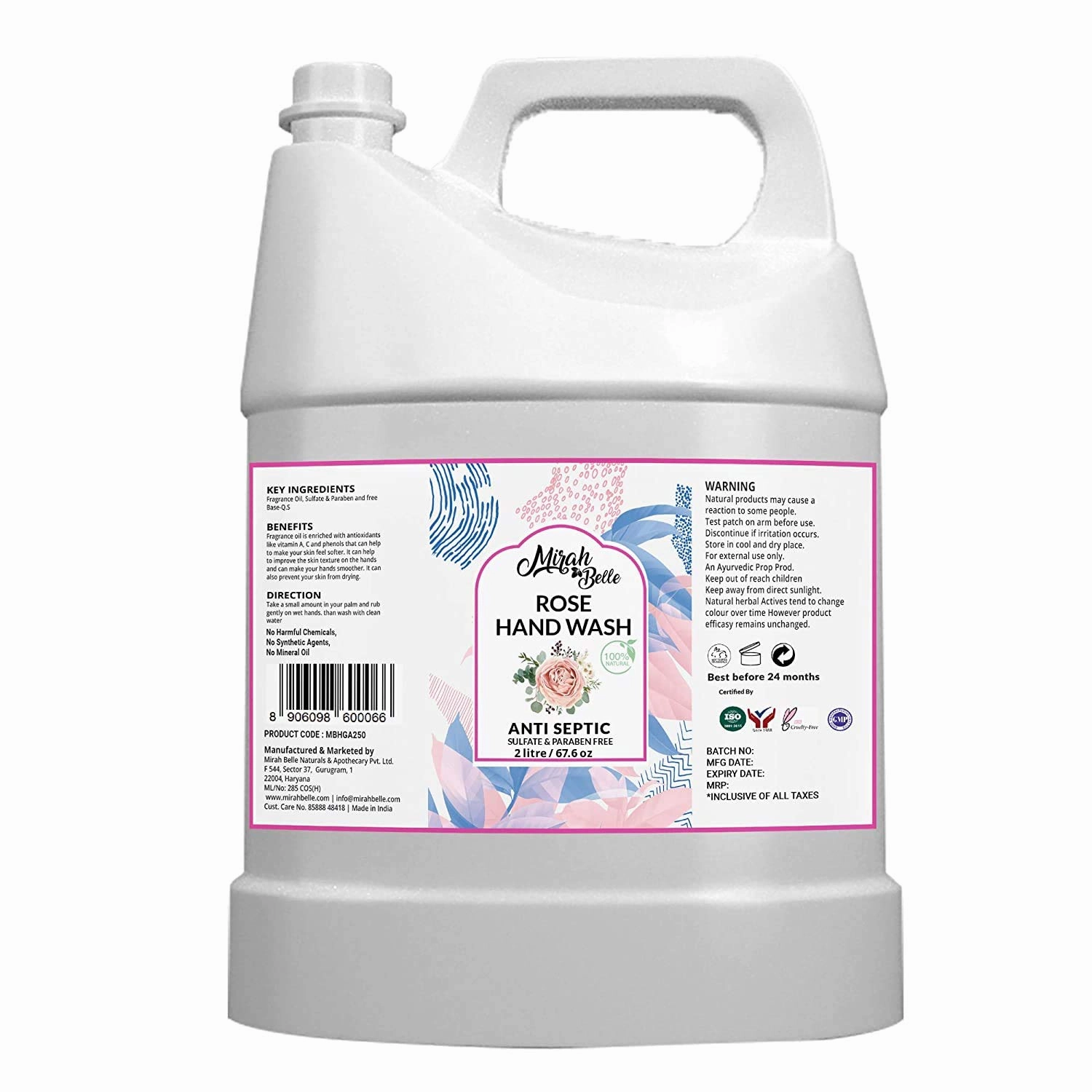 Mirah Belle - Rose Hand Wash Can (2 LTR - 0.52 Gallon) - Bulk Pack for Refill - Best for Men, Women and Children - Sulfate and Paraben Free - 2000 ML