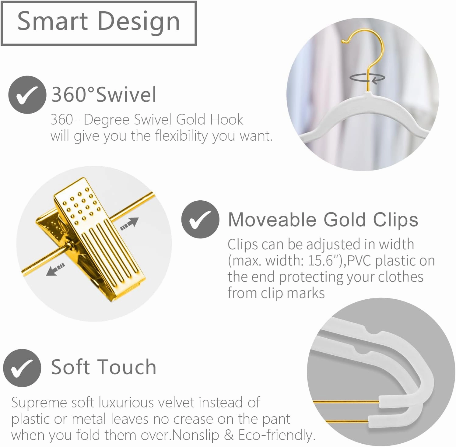 MIZGI Premium Velvet Pants Hangers with Adjustable Clips (Pack of 20) Slim Skirt Hangers- Non Slip Felt Outfit Dress Hanger White - Gold Hooks,Space Saving Shirt Clothes Hanger