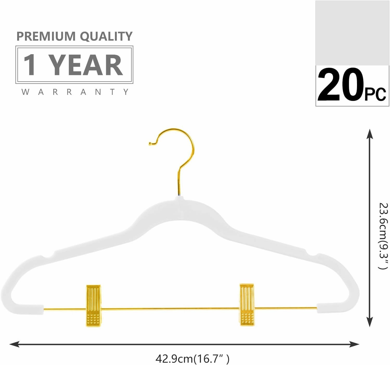 MIZGI Premium Velvet Pants Hangers with Adjustable Clips (Pack of 20) Slim Skirt Hangers- Non Slip Felt Outfit Dress Hanger White - Gold Hooks,Space Saving Shirt Clothes Hanger