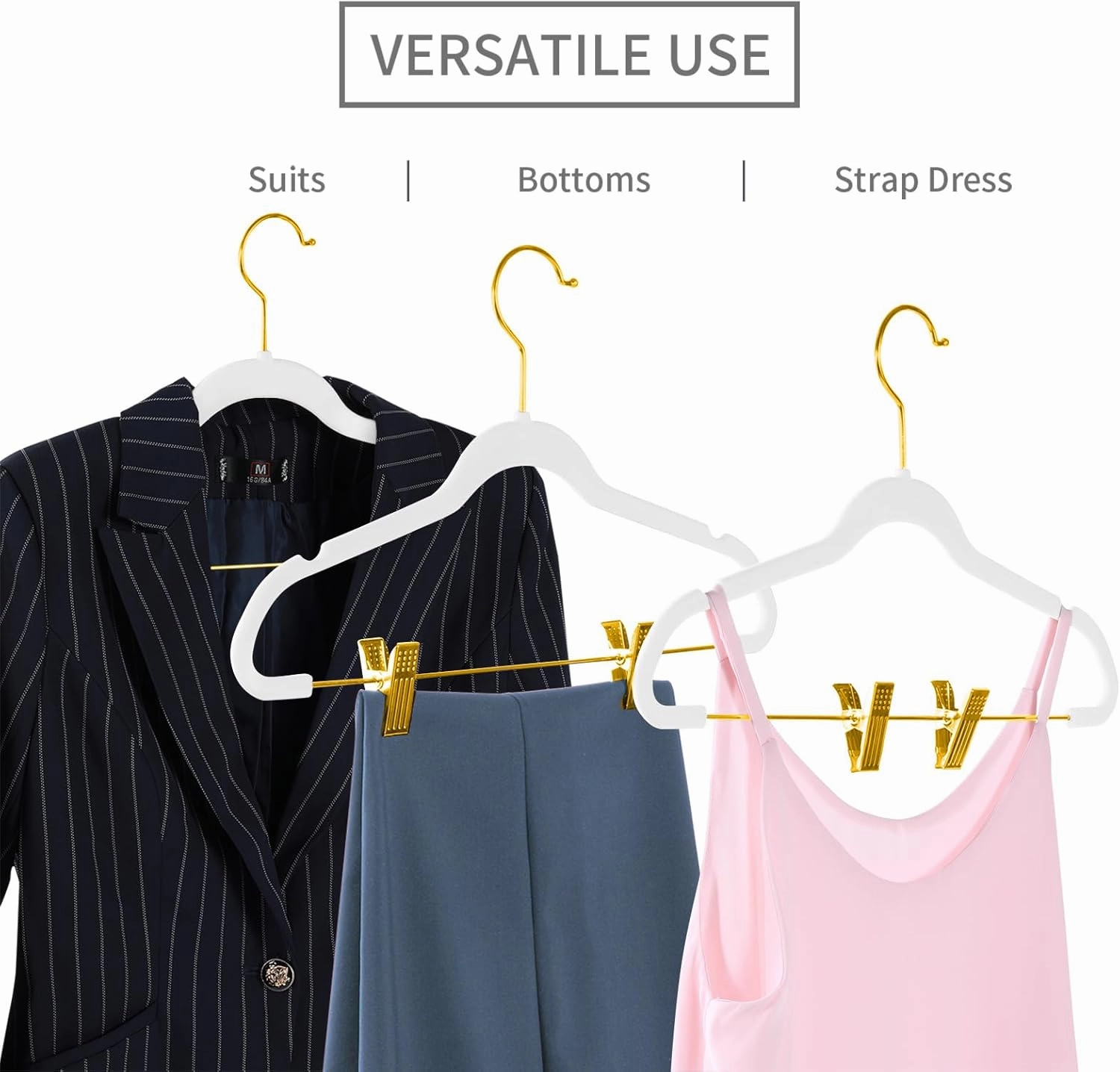 MIZGI Premium Velvet Pants Hangers with Adjustable Clips (Pack of 20) Slim Skirt Hangers- Non Slip Felt Outfit Dress Hanger White - Gold Hooks,Space Saving Shirt Clothes Hanger