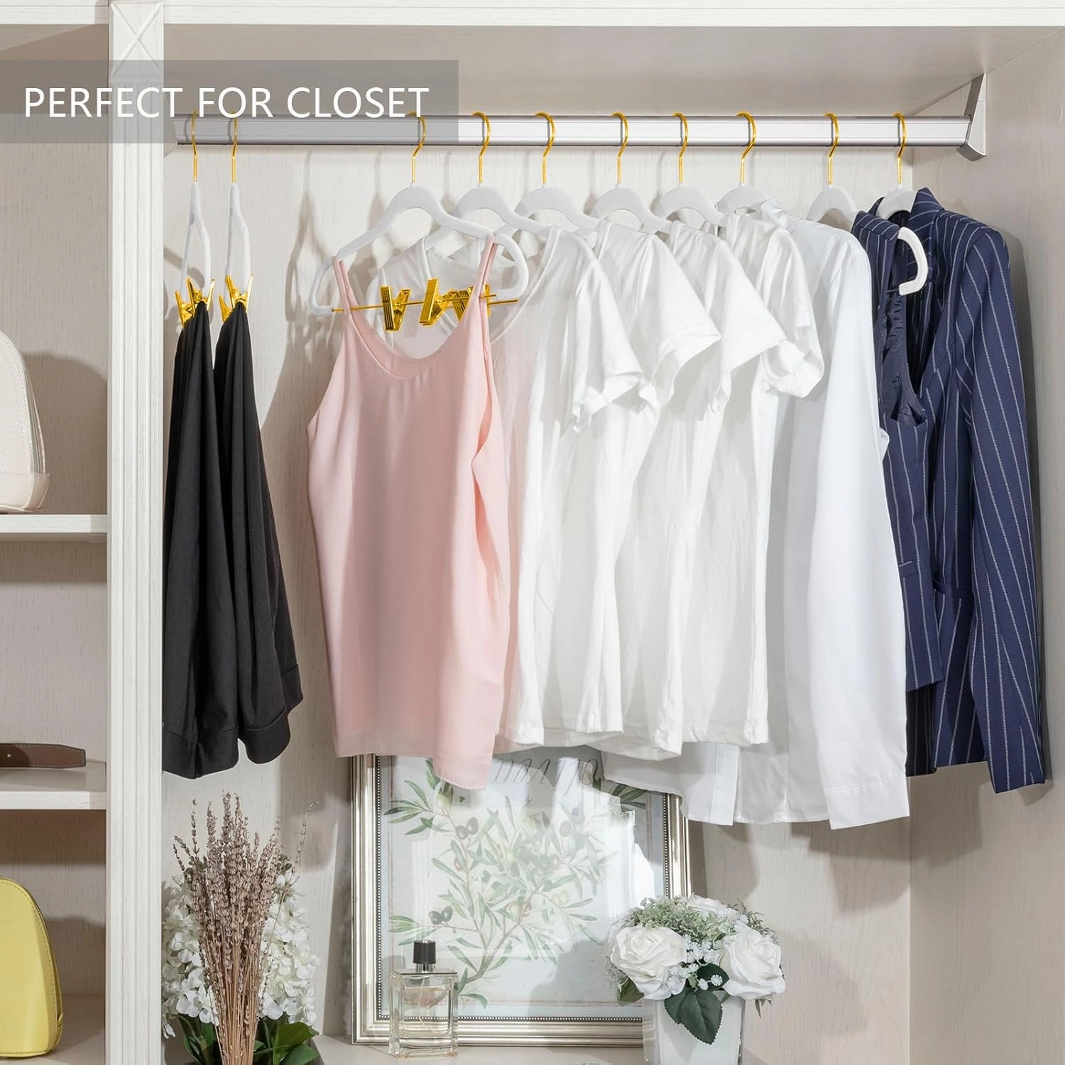 MIZGI Premium Velvet Pants Hangers with Adjustable Clips (Pack of 20) Slim Skirt Hangers- Non Slip Felt Outfit Dress Hanger White - Gold Hooks,Space Saving Shirt Clothes Hanger