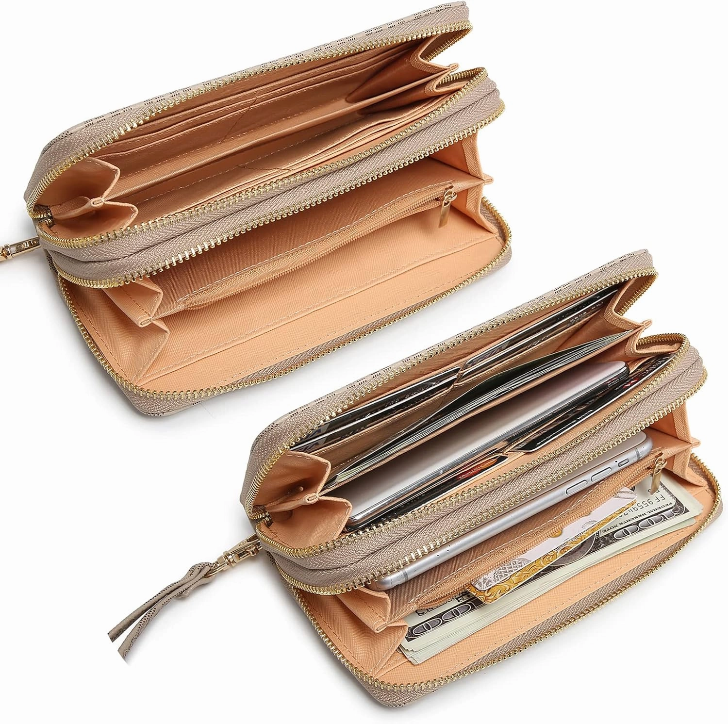 MKP COLLECTION Womens Fashion Double Zip Around Wallet Long Purse Credit Card Holder Bifold Ladies Cluth Wristlet Wrist Strap