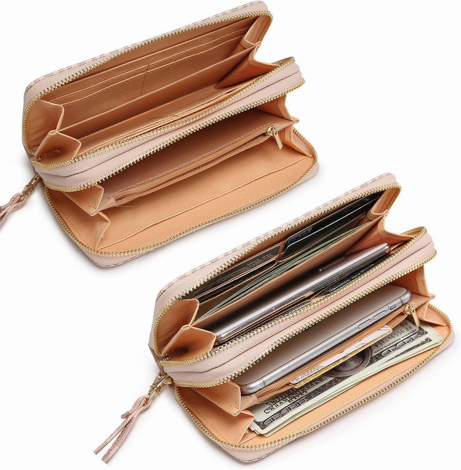 MKP COLLECTION Womens Fashion Double Zip Around Wallet Long Purse Credit Card Holder Bifold Ladies Cluth Wristlet Wrist Strap
