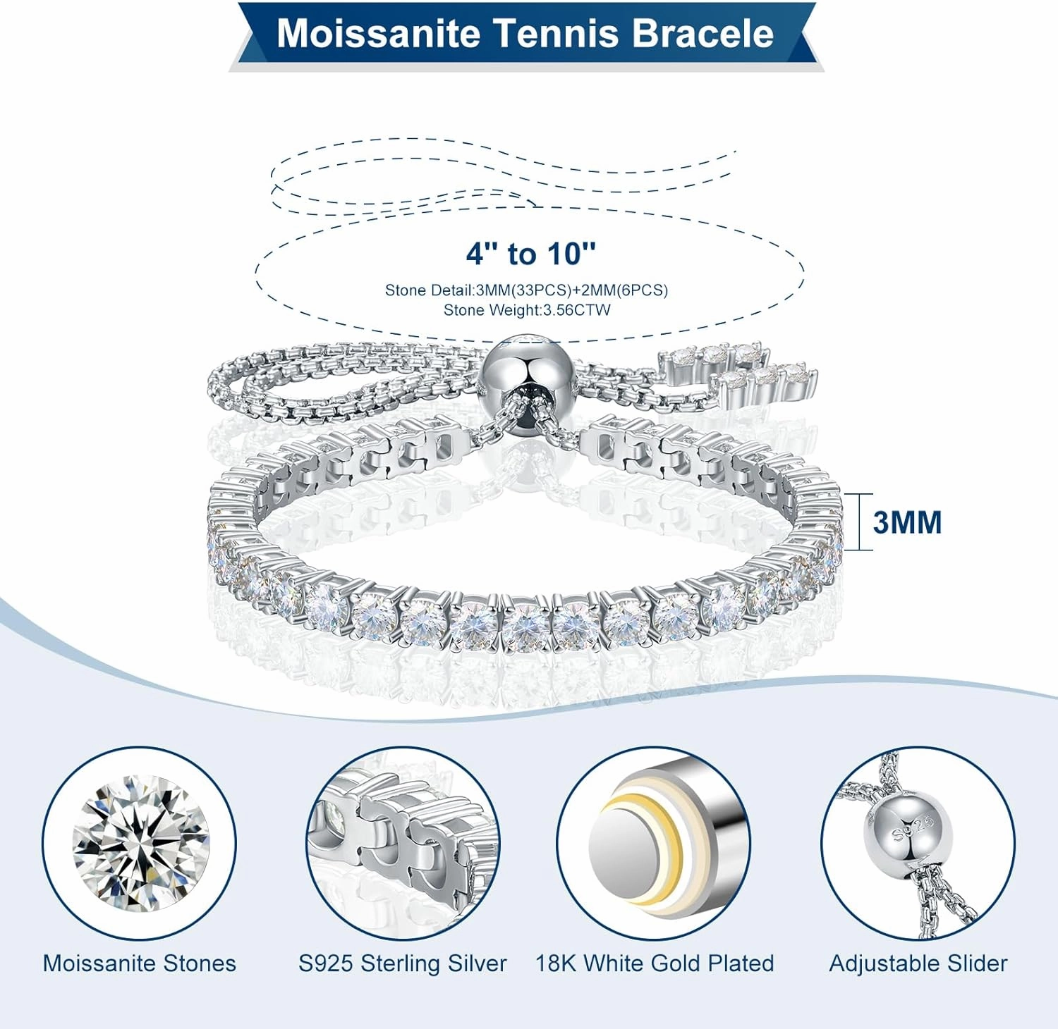 Moissanite Tennis Bracelet 1.52ct-7.76ct Adjustable Bracelet for Women 18K White Gold Plated S925 Sterling Silver Tennis Bracelet D Color VVS1 Round Cut 2mm-4mm Moissanite Bracelet Mothers Day Gift