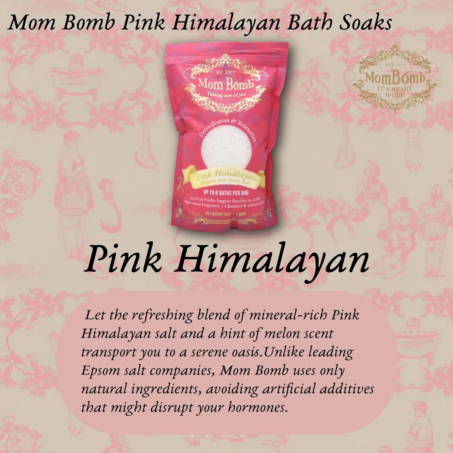 Mom Bomb Pink Himalayan Epsom Salt Bath Soak with Essential Oils, Clean Ingredients - Soothe & Relax Spa Day Essentials for Bath Shower & Foot Relief, Made in USA, 3 lbs