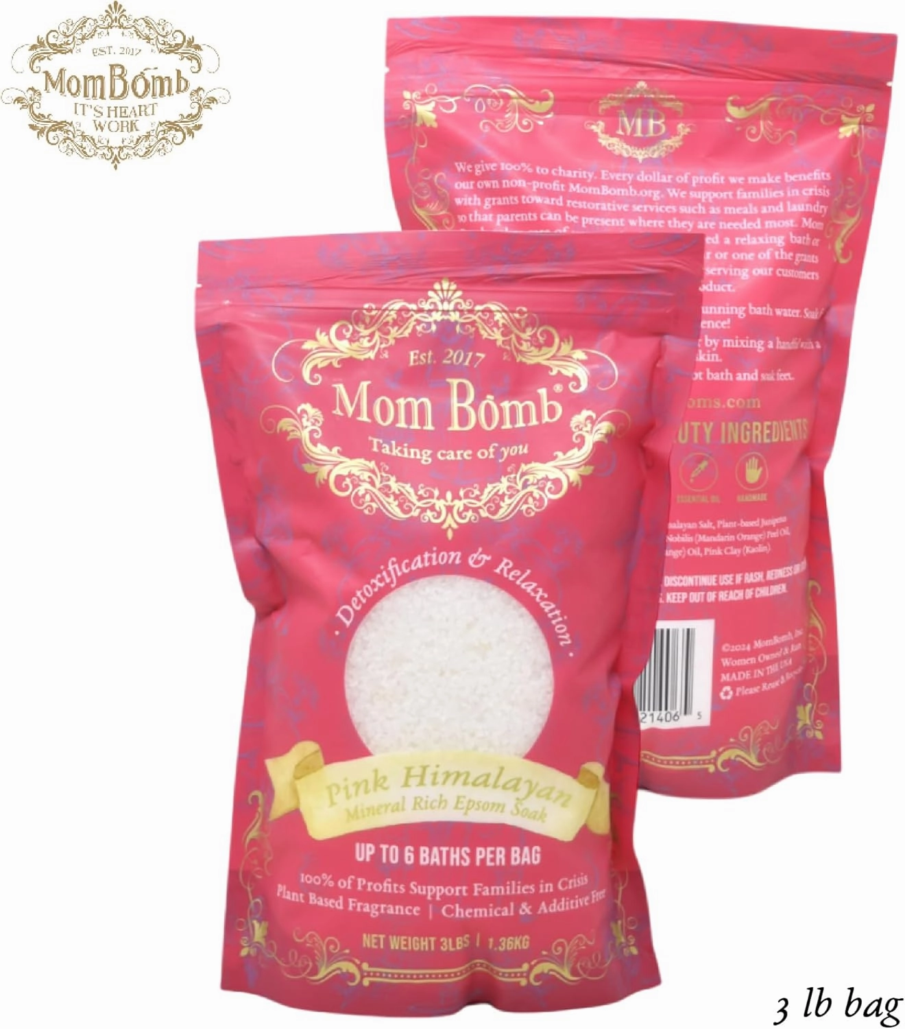Mom Bomb Pink Himalayan Epsom Salt Bath Soak with Essential Oils, Clean Ingredients - Soothe & Relax Spa Day Essentials for Bath Shower & Foot Relief, Made in USA, 3 lbs