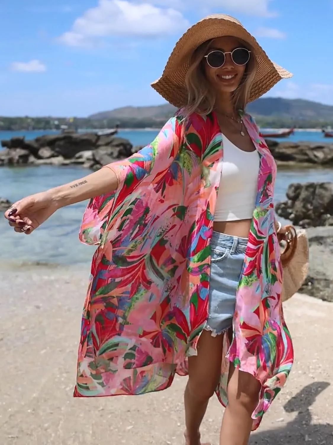 Moss Rose Women's Beach Cover up Swimsuit Kimono with Bohemian Floral Print, Loose Casual Resort Wear
