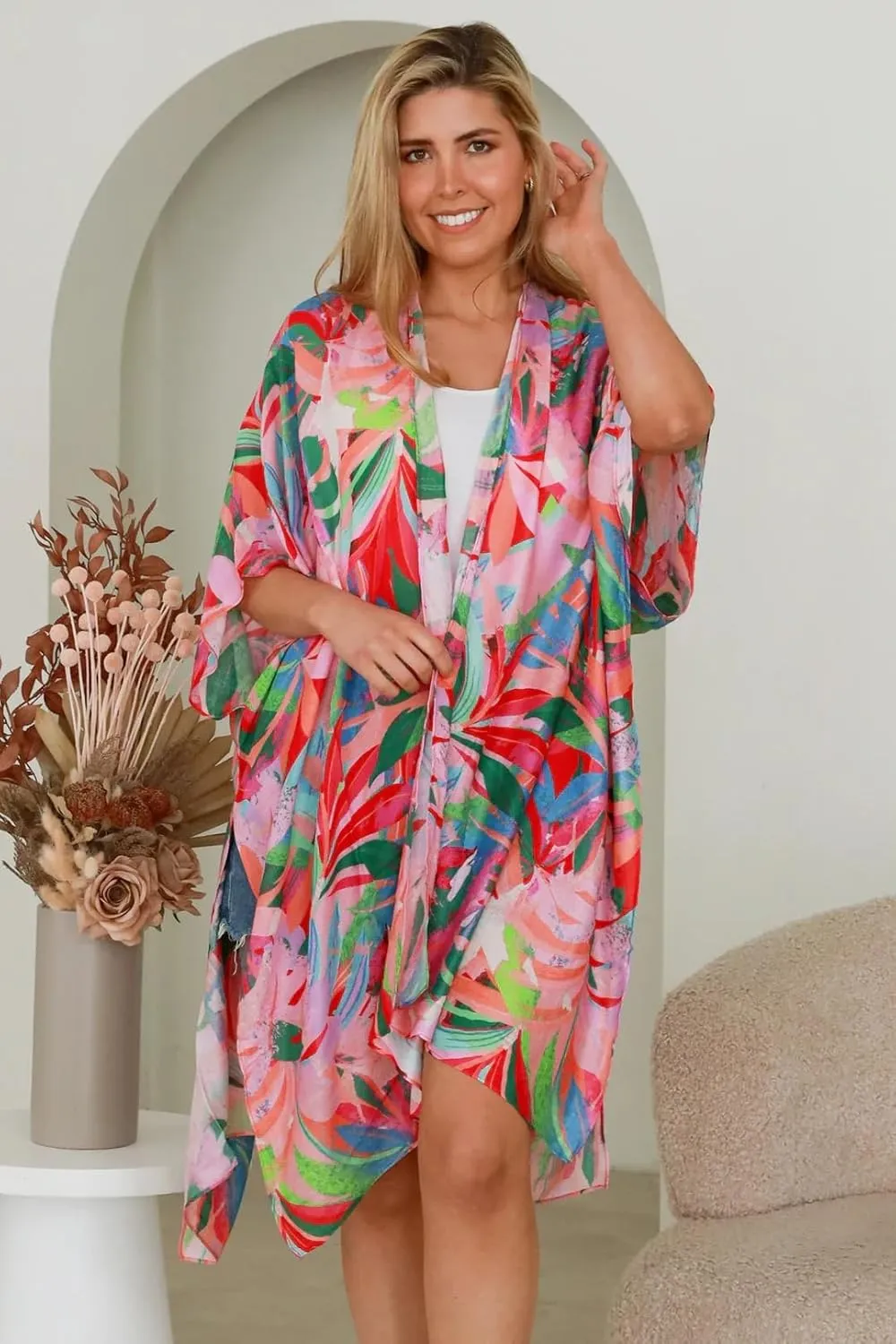 Moss Rose Women's Beach Cover up Swimsuit Kimono with Bohemian Floral Print, Loose Casual Resort Wear