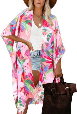 Moss Rose Women's Beach Cover up Swimsuit Kimono with Bohemian Floral Print, Loose Casual Resort Wear