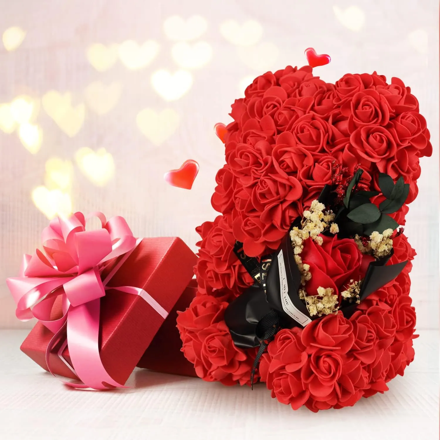 Mothers Day Rose Gifts for Mom, Rose Bear Birthday Gift for Women, Artificial Flowers Rose Teddy Bear with Bouquet,Greeting Card,Mother's Day Rose Gifts for Women Wife Mom Grandma