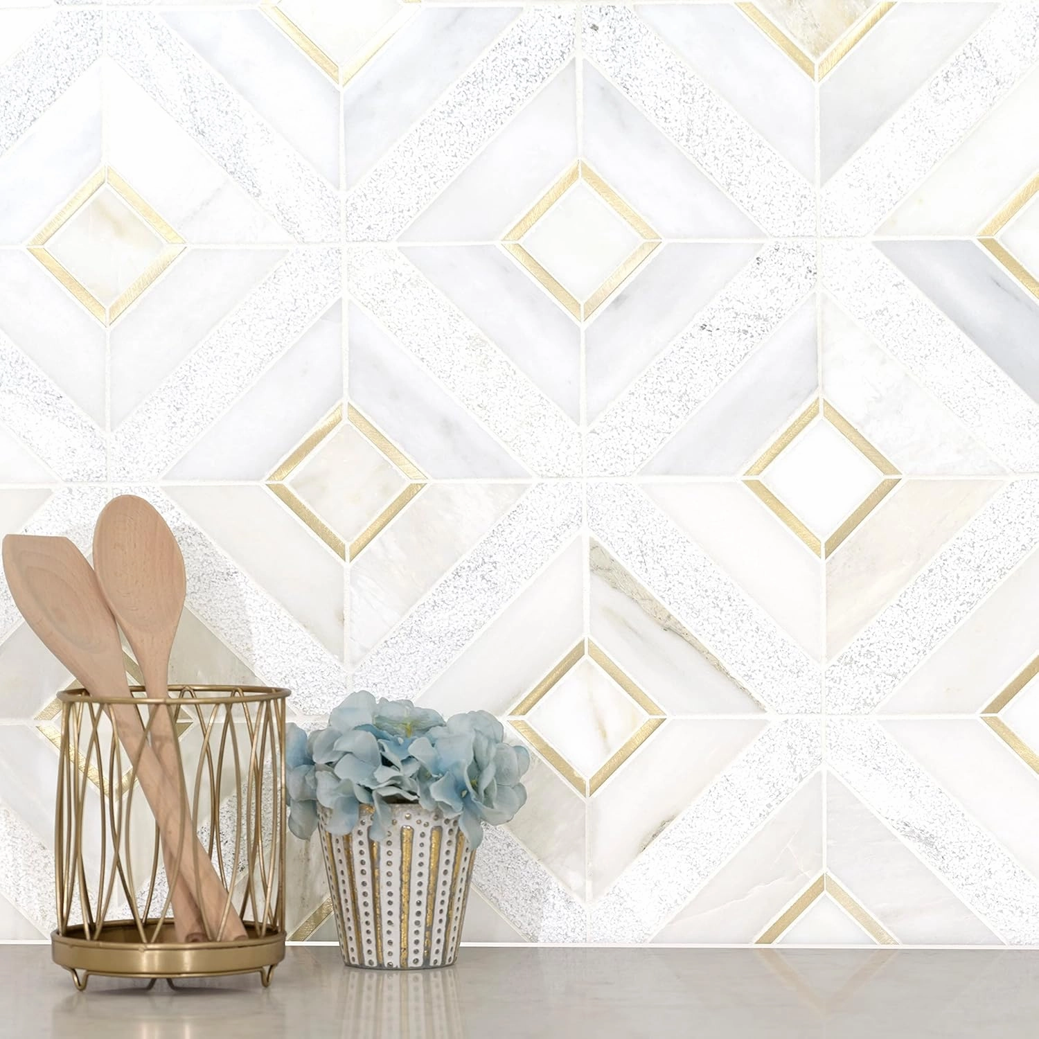 MSI Verona Gold Pattern x 11.85 in. Marble Mesh-Mounted Mosaic Wall Bathroom, Floor, Kitchen Backsplash and Countertop Tile Geometric, Gray, White, 9 Square Feet