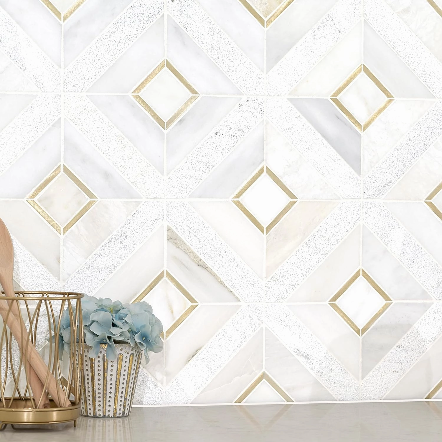 MSI Verona Gold Pattern x 11.85 in. Marble Mesh-Mounted Mosaic Wall Bathroom, Floor, Kitchen Backsplash and Countertop Tile Geometric, Gray, White, 9 Square Feet