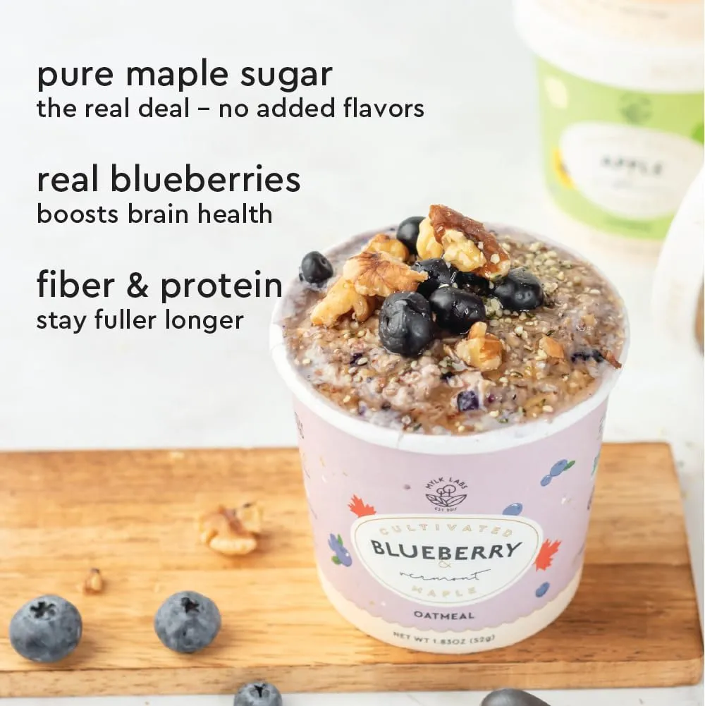 Mylk Labs Blueberry Maple Protein Oatmeal Cups, Whole Grain, Low Sugar, High Fiber Breakfast with Superfoods, Quick & Easy, On the Go, Instant Oatmeal, Rolled Oats, Gluten Free, Vegan, Nut Free, 6 Pack