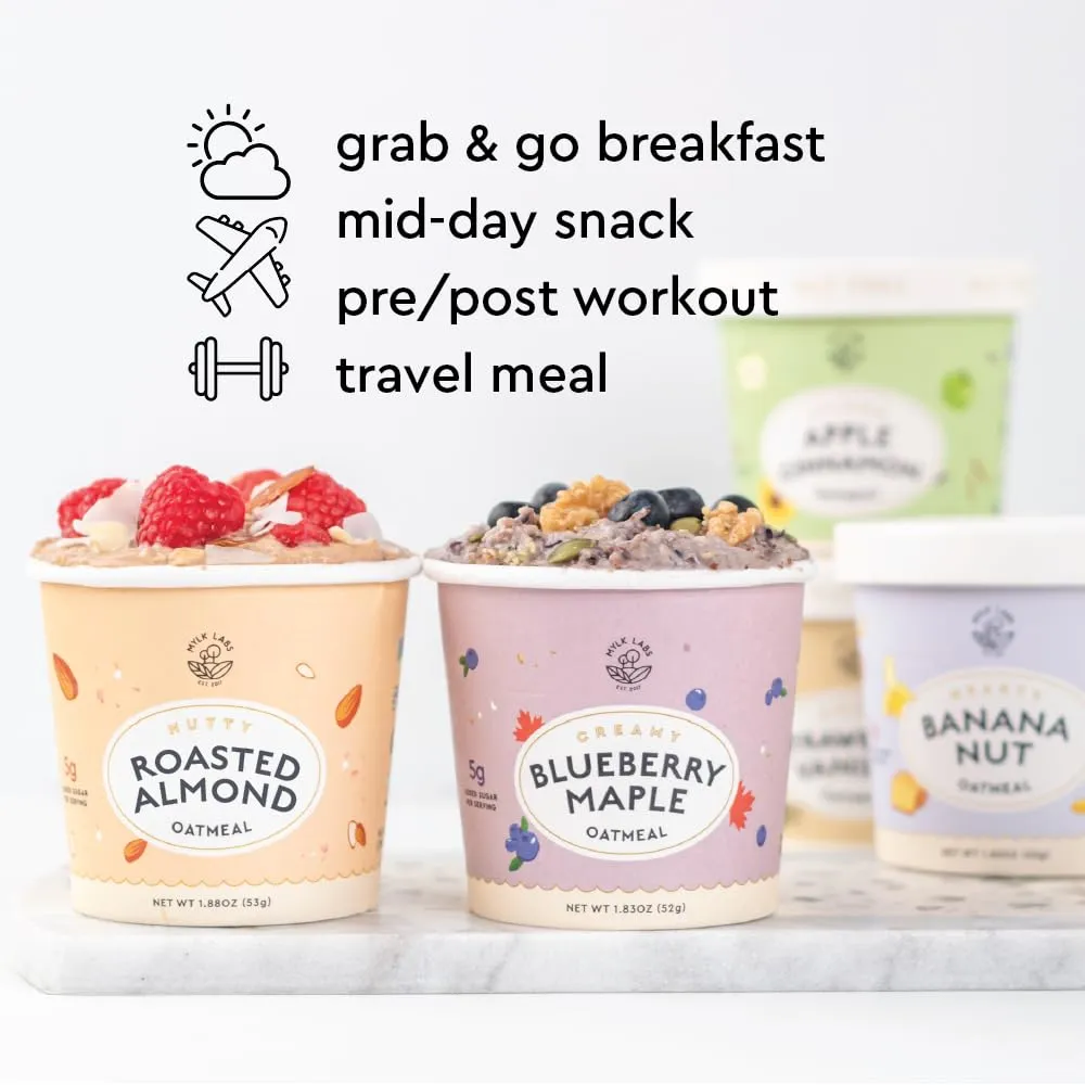 Mylk Labs Blueberry Maple Protein Oatmeal Cups, Whole Grain, Low Sugar, High Fiber Breakfast with Superfoods, Quick & Easy, On the Go, Instant Oatmeal, Rolled Oats, Gluten Free, Vegan, Nut Free, 6 Pack