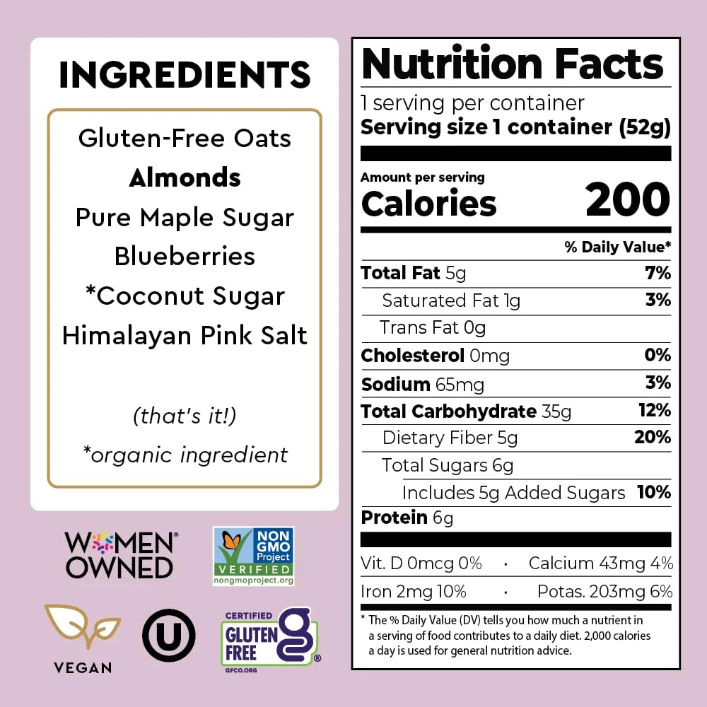 Mylk Labs Blueberry Maple Protein Oatmeal Cups, Whole Grain, Low Sugar, High Fiber Breakfast with Superfoods, Quick & Easy, On the Go, Instant Oatmeal, Rolled Oats, Gluten Free, Vegan, Nut Free, 6 Pack
