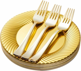 N9R 60pcs Gold Plastic Dessert Plates with Forks, Include 30pcs Disposable Dessert Plates 7 inch, 30pcs Gold Plastic Forks 7.4 inch for Parties Weddings Birthday