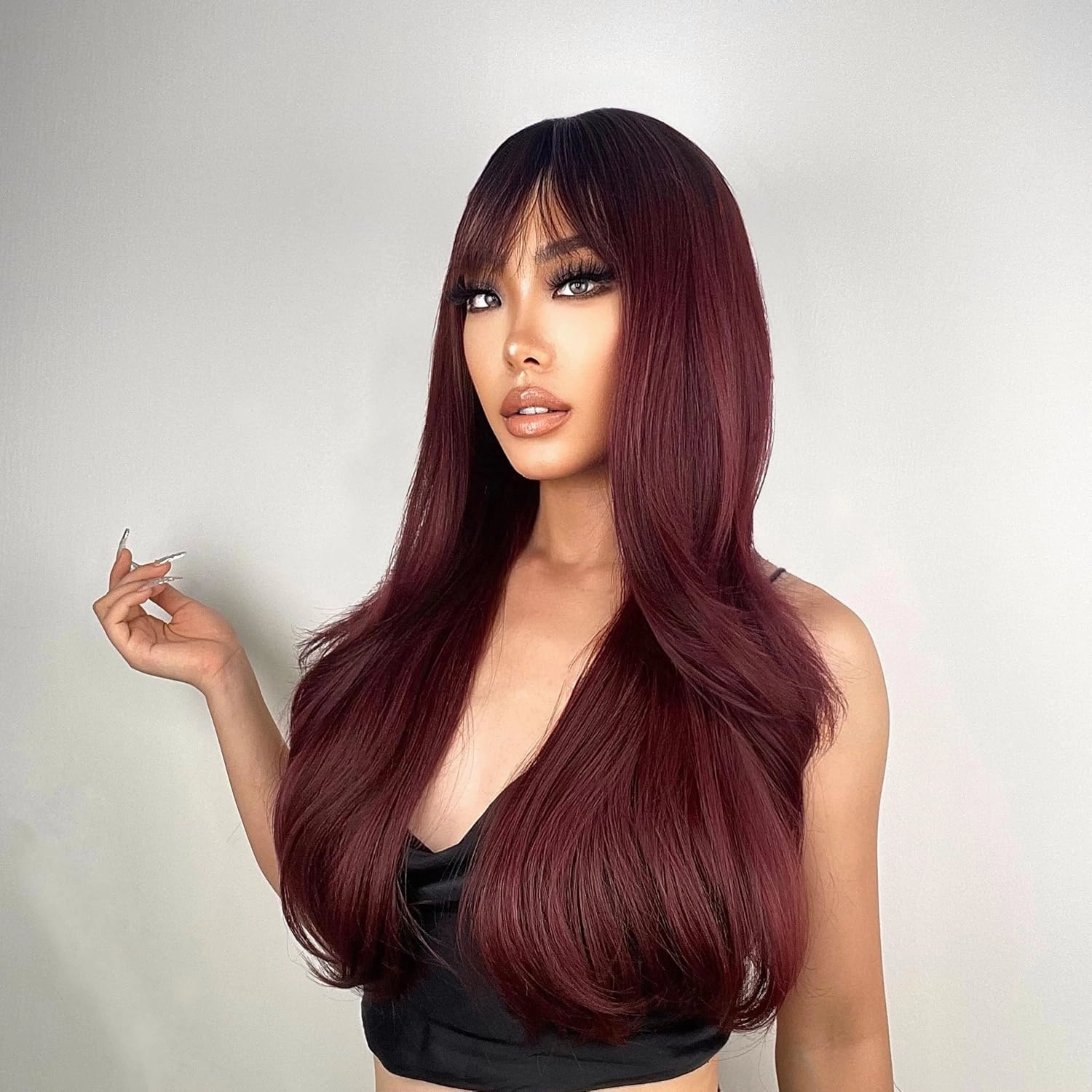 N NAYASA Burgundy Wigs with Bangs Wine Red Ombre Wigs for Women Long Layered Wigs with Dark Roots Synthetic Heat Resistant Wigs for Daily Party Use