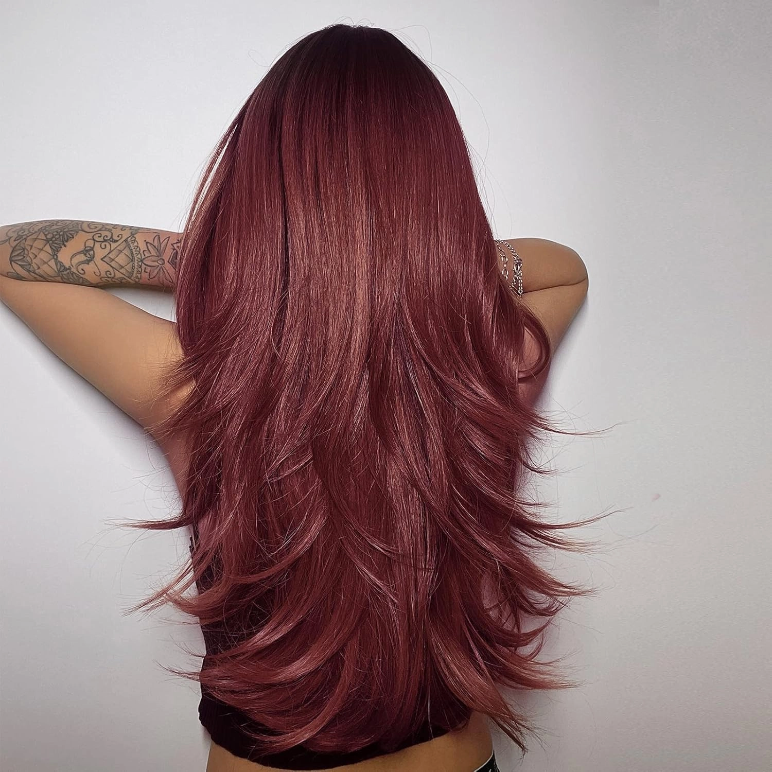 N NAYASA Burgundy Wigs with Bangs Wine Red Ombre Wigs for Women Long Layered Wigs with Dark Roots Synthetic Heat Resistant Wigs for Daily Party Use