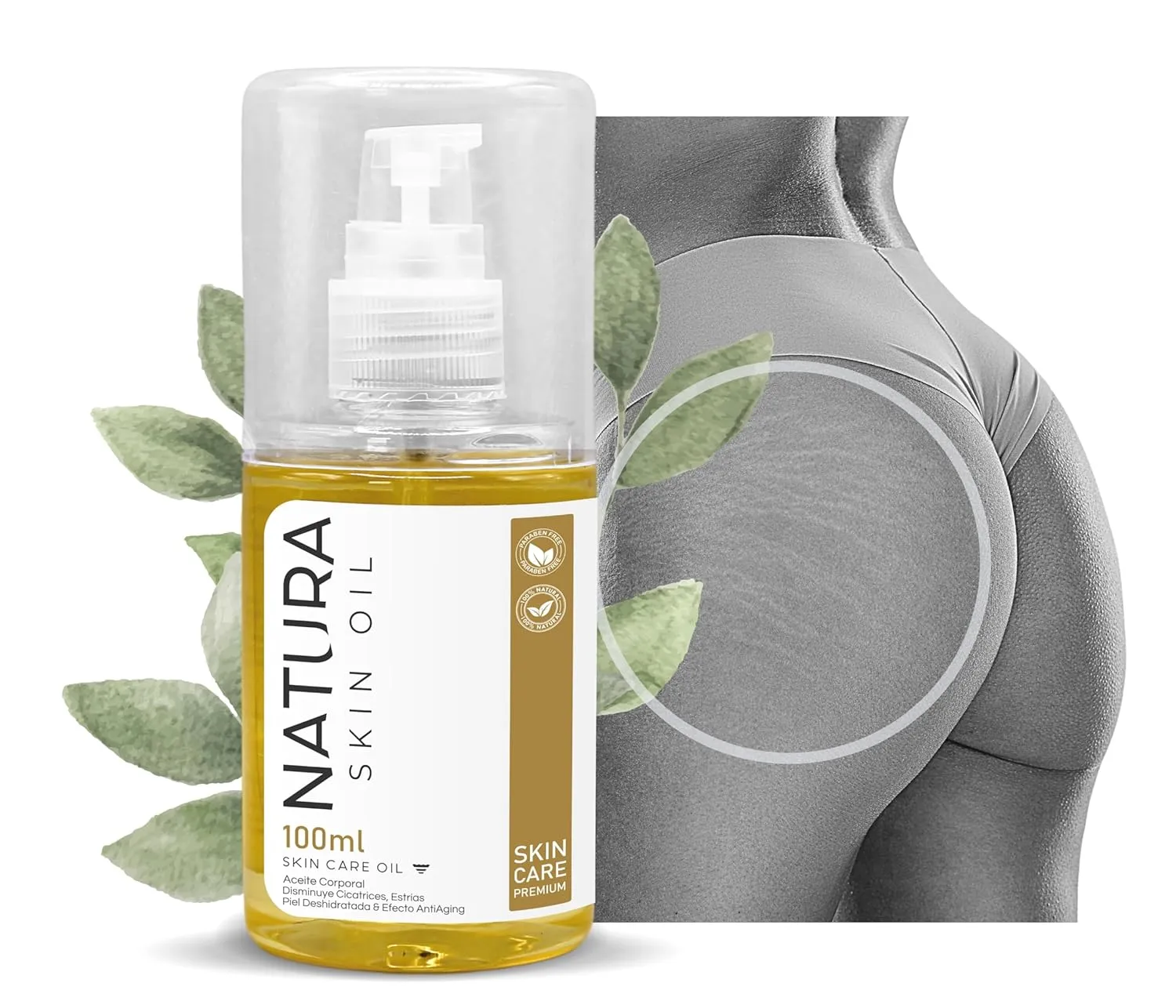Natura Skin Oil 3.38 fl OZ - Anti-Stretch Marks and Scars Body Oil Skin Care Firming, Non-Greasy, Deeply Hydrates and Nourishes - Tensor and Skin Repair Effect., Gold