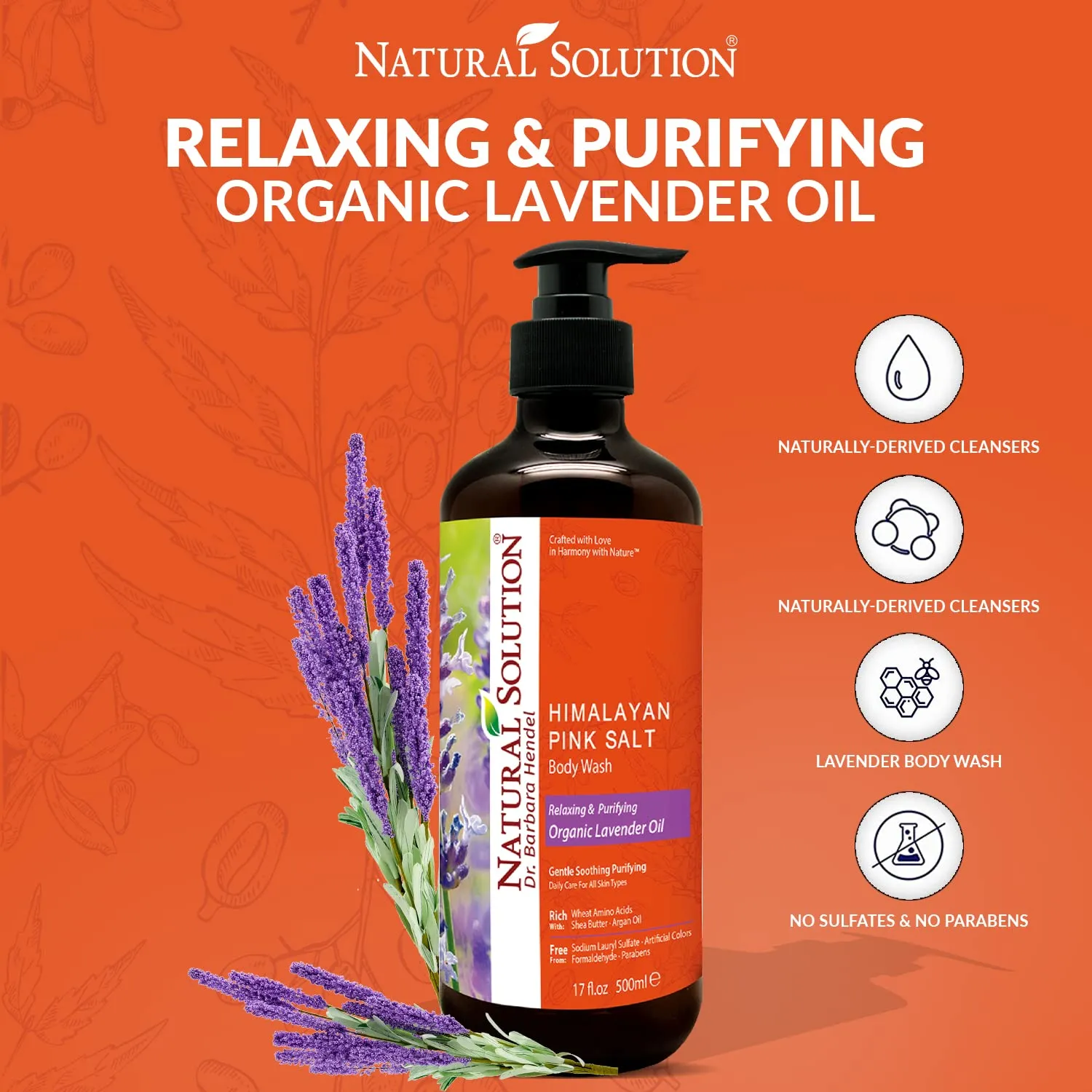 Natural Solution Body Wash, Made With Himalayan Pink Salt & Organic Lavender Oil, Purifying and Transforms The Even Driest Skin in Just One Shower, 17 fl oz (6 Count)