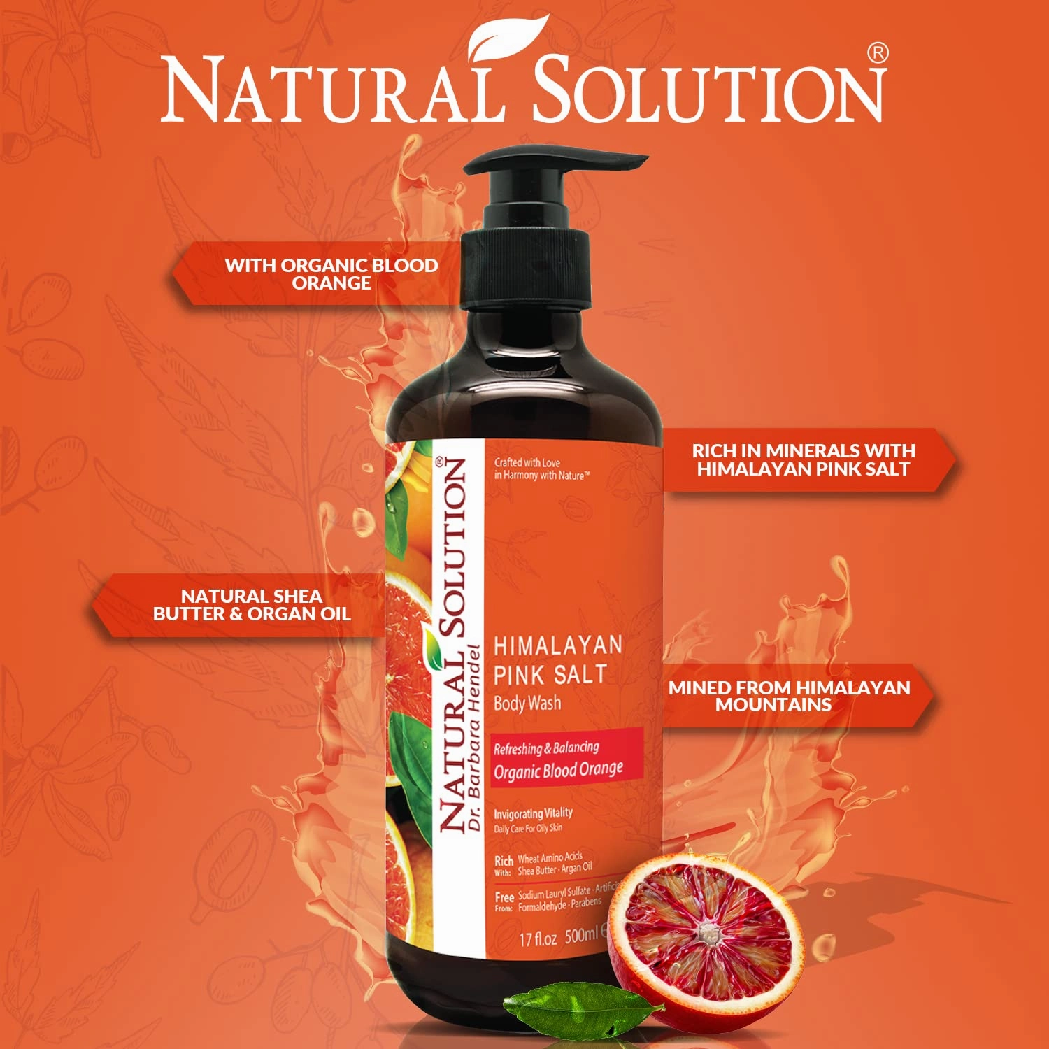 Natural Solution Body Wash 17 fl oz/Each, Revitalizes & Refreshing Your Skin, Formulated with Organic Blood Orange Extracts with Himalayan Pink Salt – Pack of 6