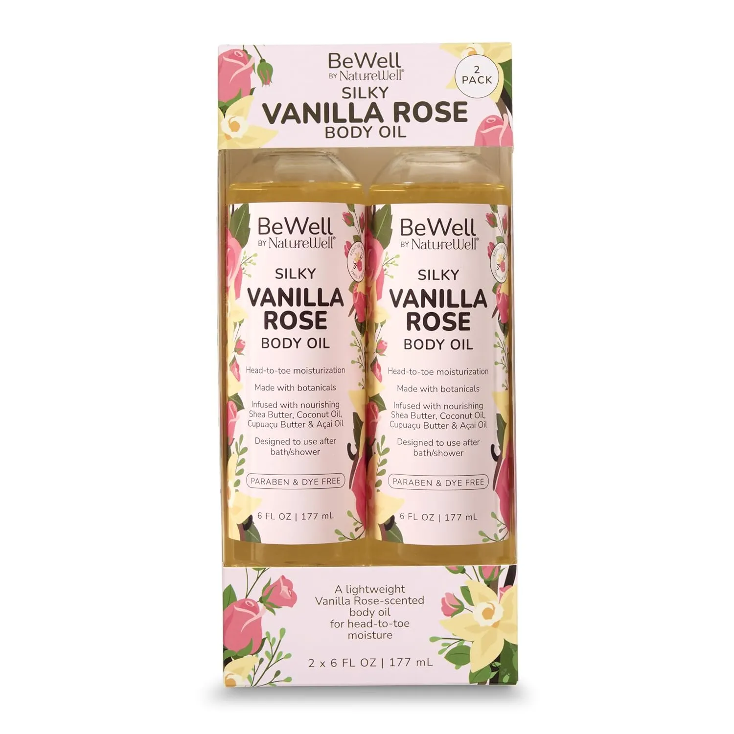 NATURE WELL Moisturizing Lightweight Vanilla Rose Scented Multi-Purpose Body Oil For Smooth & Glowing Skin, Infused With Botanicals, Shea Butter, Coconut Oil, Cupuaçu Butter, Pack of 2 (6 Fl Oz Each)