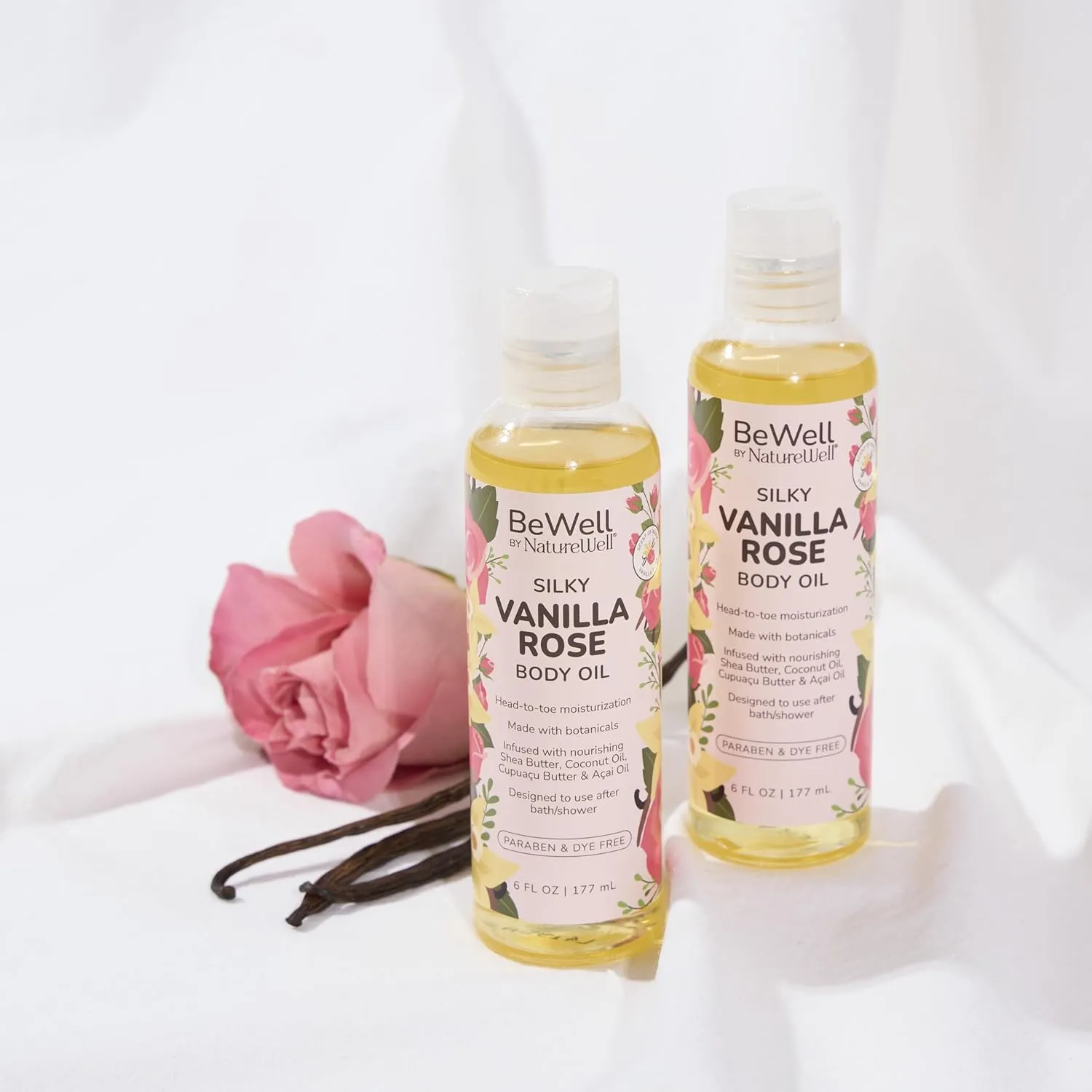 NATURE WELL Moisturizing Lightweight Vanilla Rose Scented Multi-Purpose Body Oil For Smooth & Glowing Skin, Infused With Botanicals, Shea Butter, Coconut Oil, Cupuaçu Butter, Pack of 2 (6 Fl Oz Each)