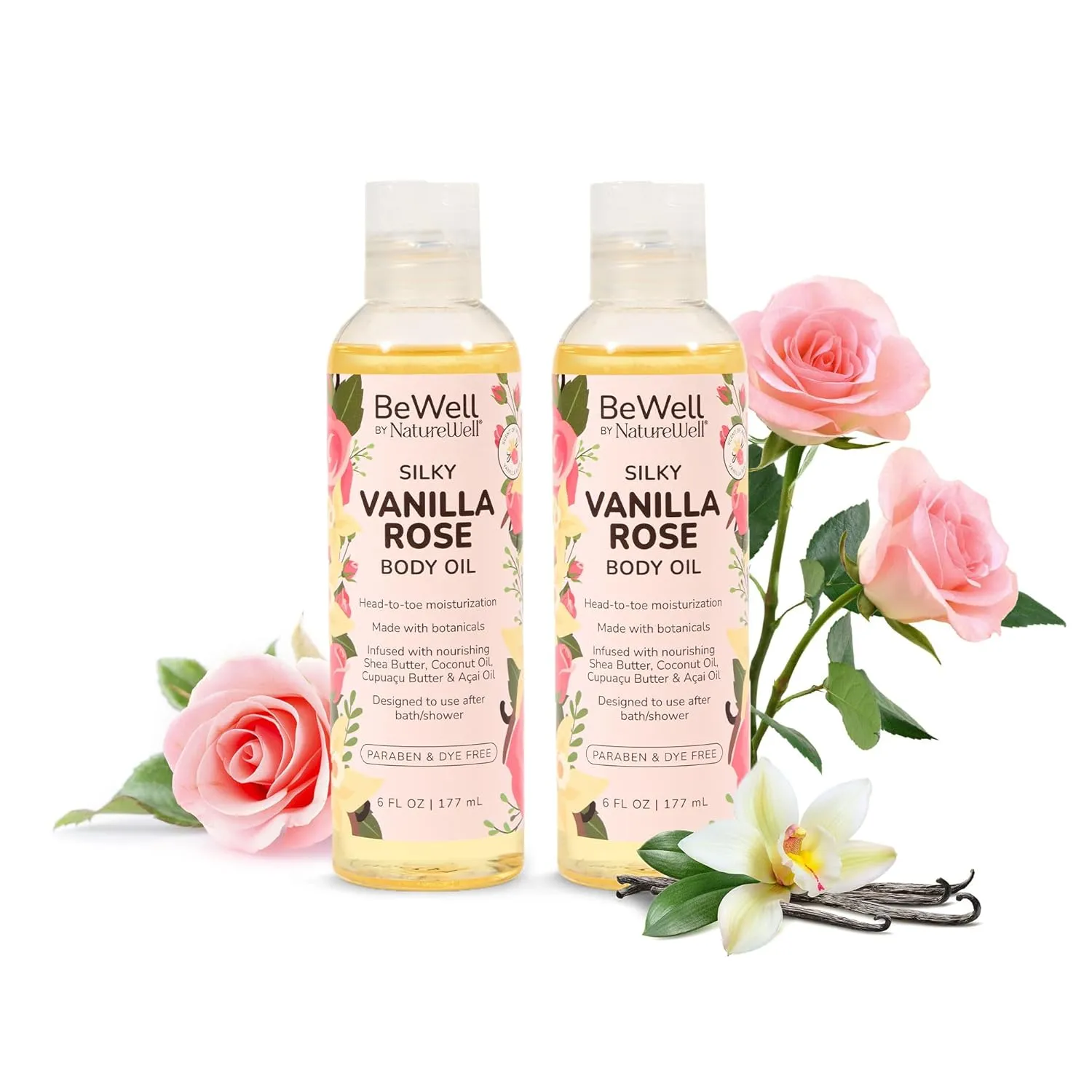 NATURE WELL Moisturizing Lightweight Vanilla Rose Scented Multi-Purpose Body Oil For Smooth & Glowing Skin, Infused With Botanicals, Shea Butter, Coconut Oil, Cupuaçu Butter, Pack of 2 (6 Fl Oz Each)