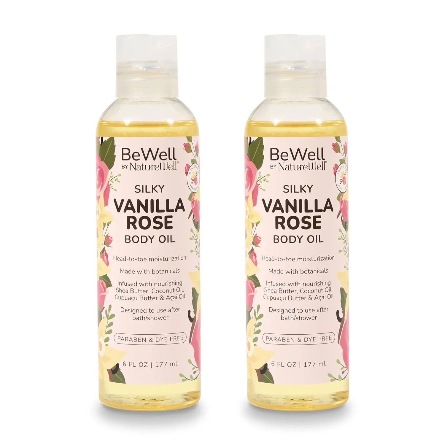 NATURE WELL Moisturizing Lightweight Vanilla Rose Scented Multi-Purpose Body Oil For Smooth & Glowing Skin, Infused With Botanicals, Shea Butter, Coconut Oil, Cupuaçu Butter, Pack of 2 (6 Fl Oz Each)