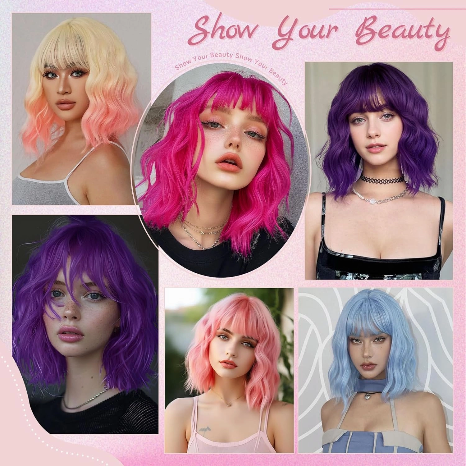 NAYOO Hot Pink Bob Wig with Bangs, 14 Inch Short Pink Wigs for Women