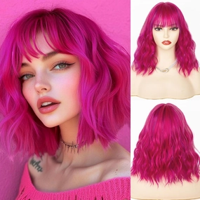 NAYOO Hot Pink Bob Wig with Bangs, 14 Inch Short Pink Wigs for Women