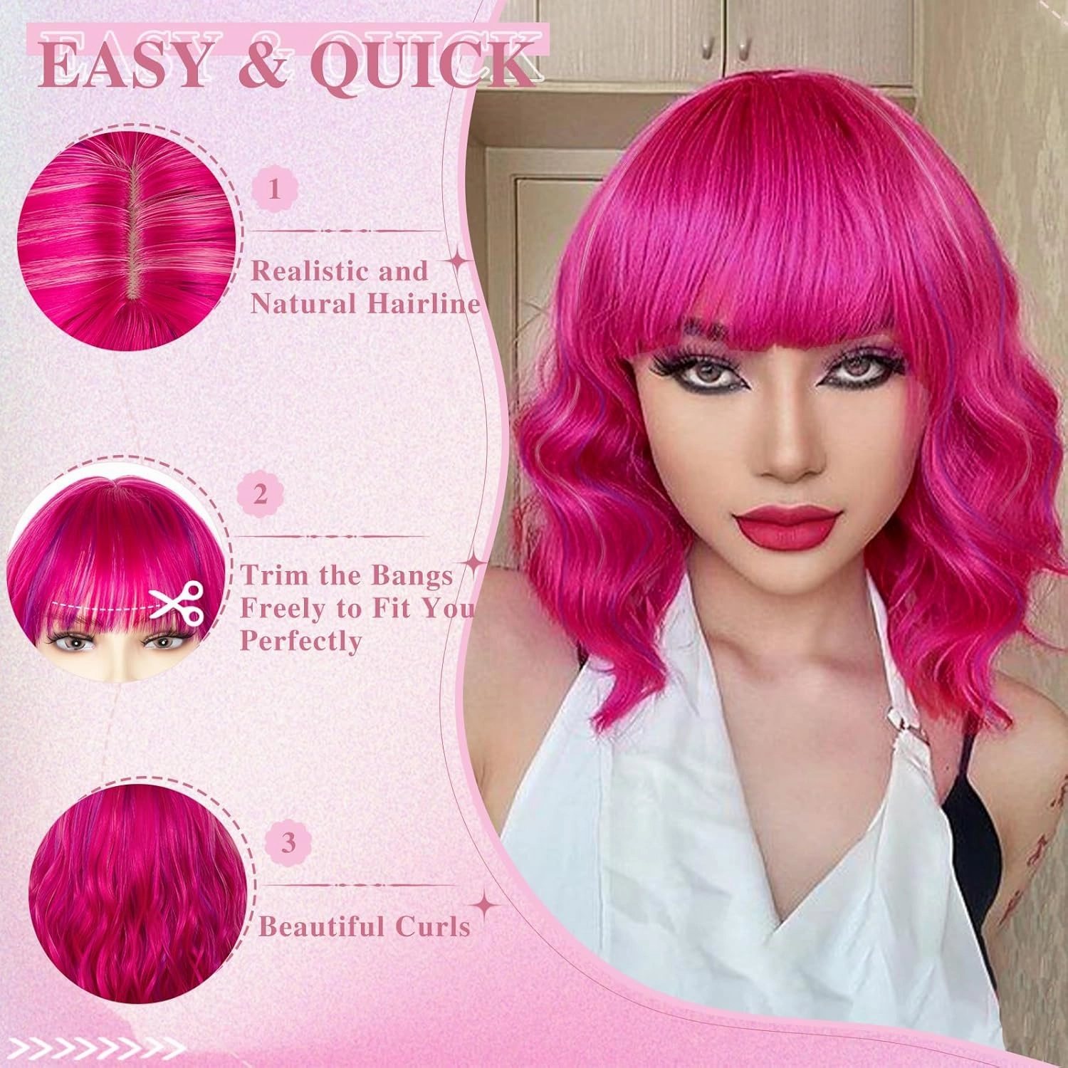 NAYOO Hot Pink Bob Wig with Bangs, 14 Inch Short Pink Wigs for Women