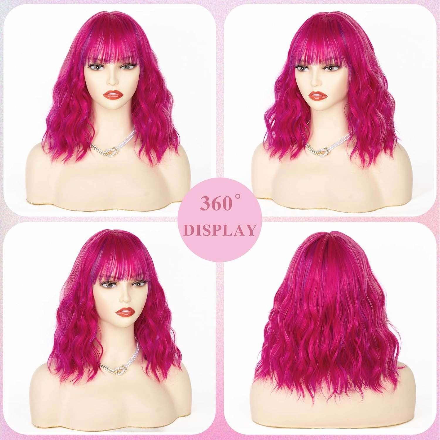 NAYOO Hot Pink Bob Wig with Bangs, 14 Inch Short Pink Wigs for Women