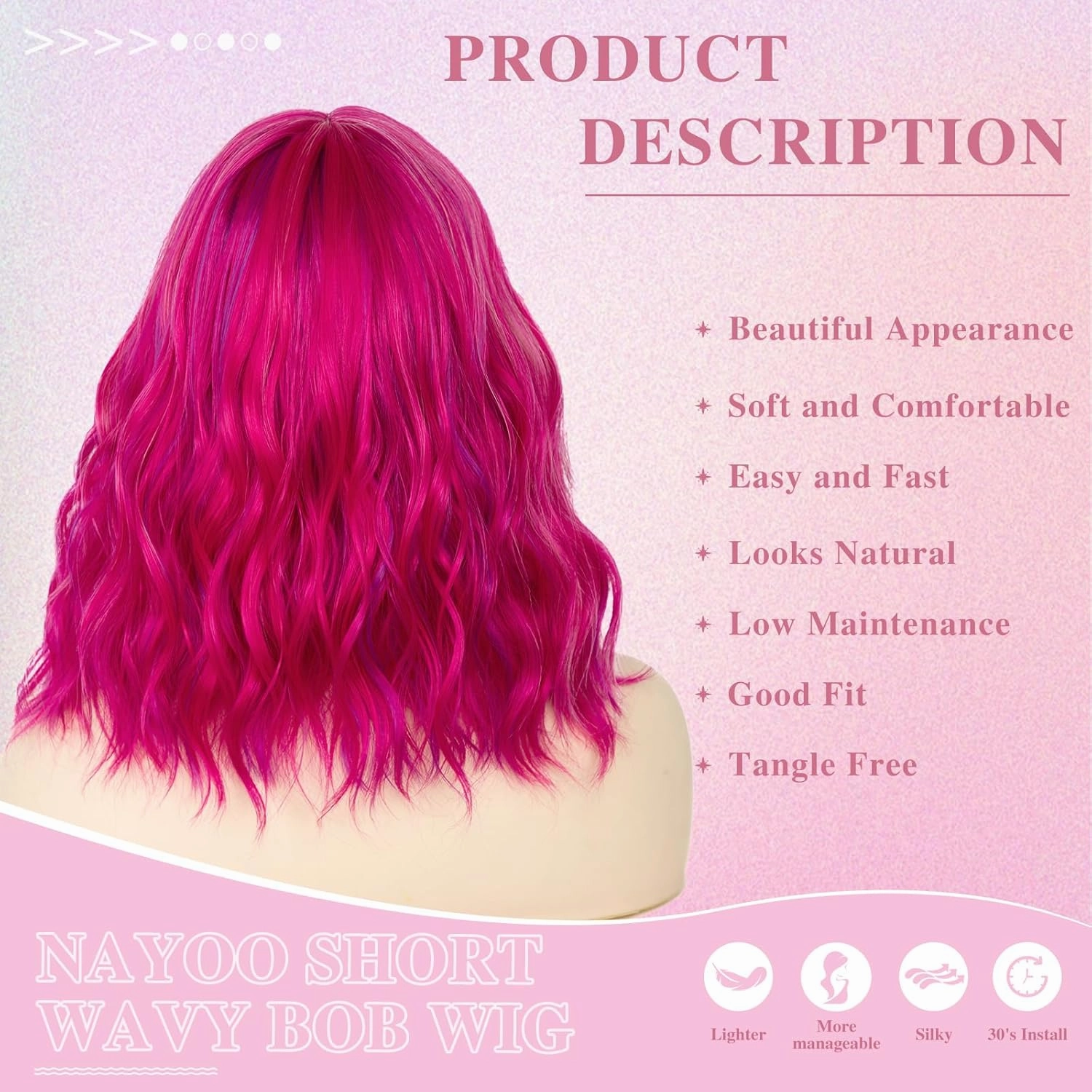 NAYOO Hot Pink Bob Wig with Bangs, 14 Inch Short Pink Wigs for Women