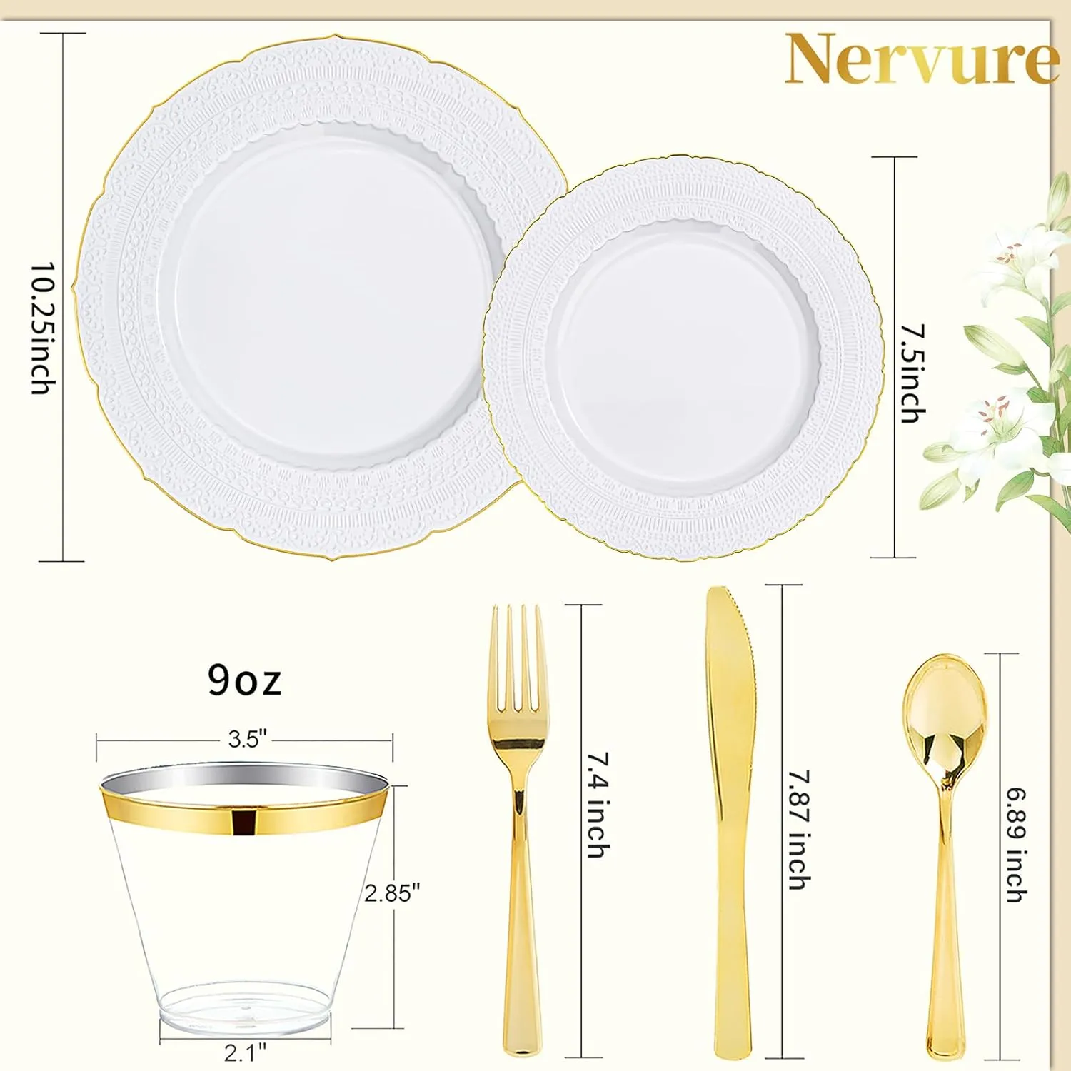 Nervure 175PCS Gold Plastic Plates - White Gold Disposable Lace Plate for 25 Guests - 50 Disposable Plates, 25 Pre Rolled Napkins with Cutlery Set, 25 Cups Perfect for Wedding & Party & Father's Day