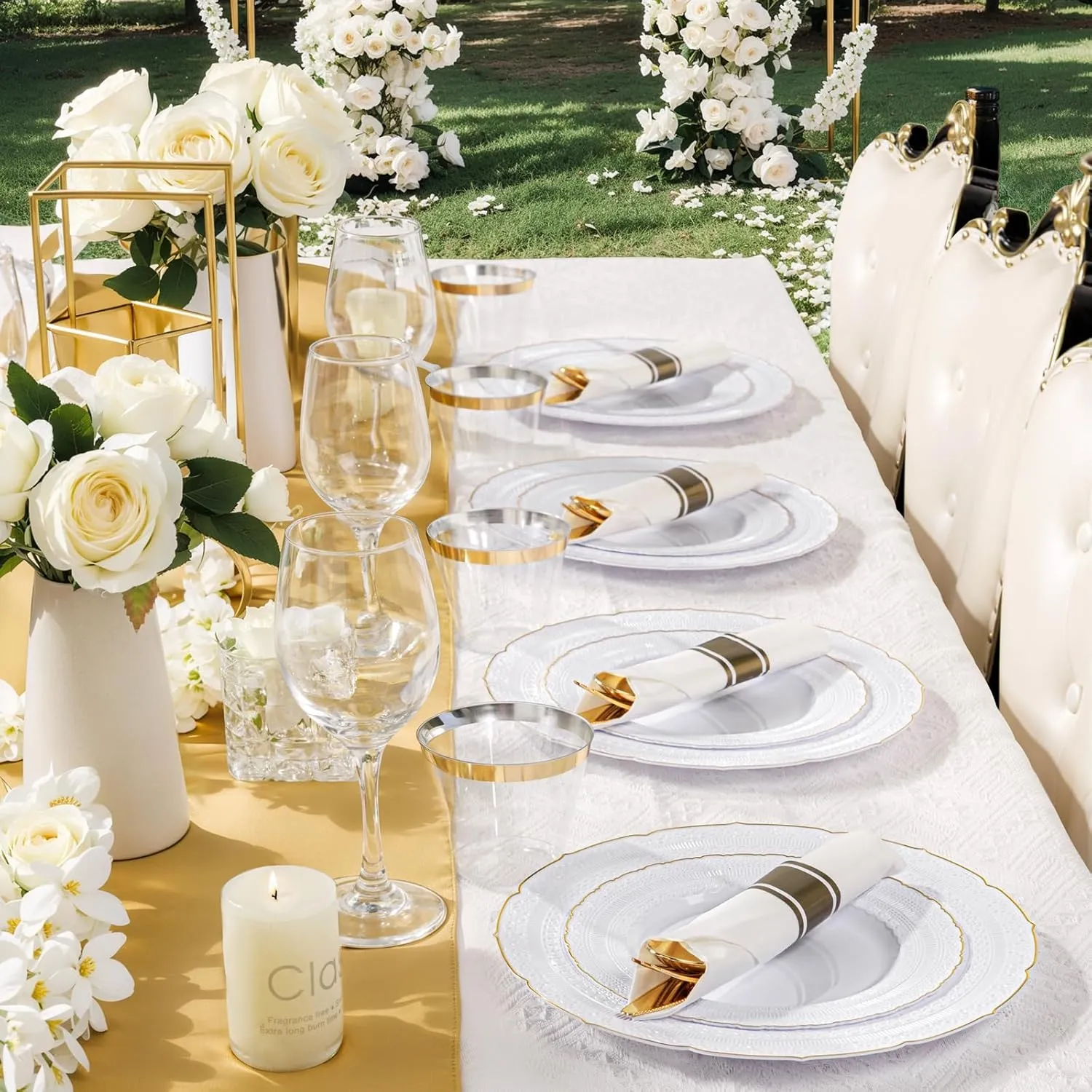 Nervure 175PCS Gold Plastic Plates - White Gold Disposable Lace Plate for 25 Guests - 50 Disposable Plates, 25 Pre Rolled Napkins with Cutlery Set, 25 Cups Perfect for Wedding & Party & Father's Day