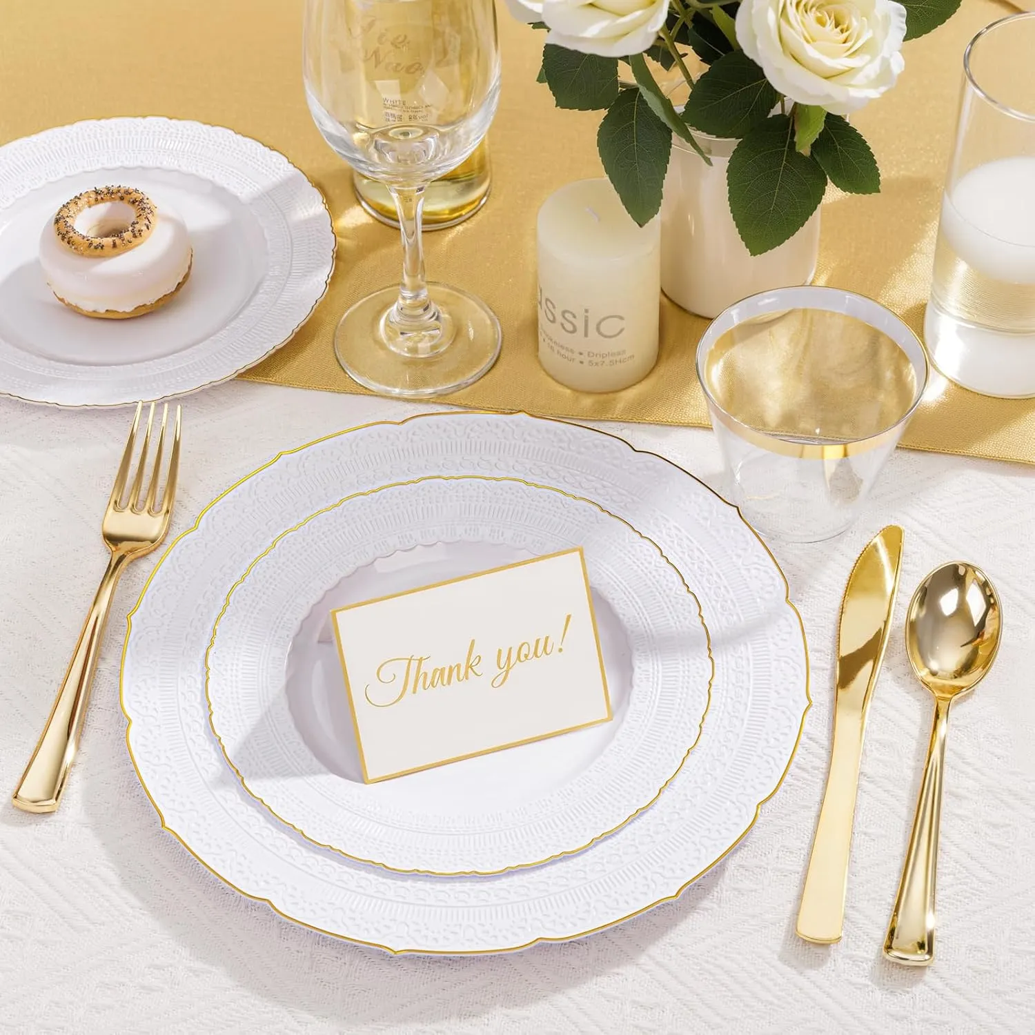 Nervure 175PCS Gold Plastic Plates - White Gold Disposable Lace Plate for 25 Guests - 50 Disposable Plates, 25 Pre Rolled Napkins with Cutlery Set, 25 Cups Perfect for Wedding & Party & Father's Day