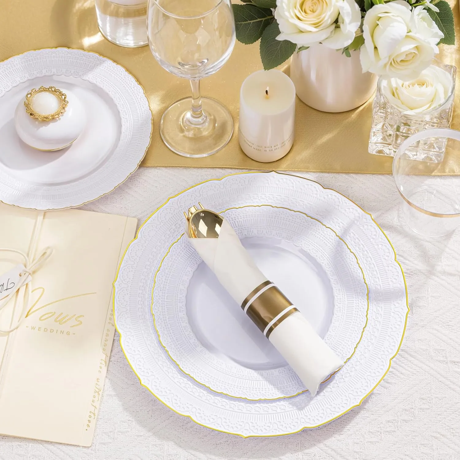 Nervure 175PCS Gold Plastic Plates - White Gold Disposable Lace Plate for 25 Guests - 50 Disposable Plates, 25 Pre Rolled Napkins with Cutlery Set, 25 Cups Perfect for Wedding & Party & Father's Day