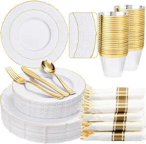 Nervure 175PCS Gold Plastic Plates - White Gold Disposable Lace Plate for 25 Guests - 50 Disposable Plates, 25 Pre Rolled Napkins with Cutlery Set, 25 Cups Perfect for Wedding & Party & Father's Day